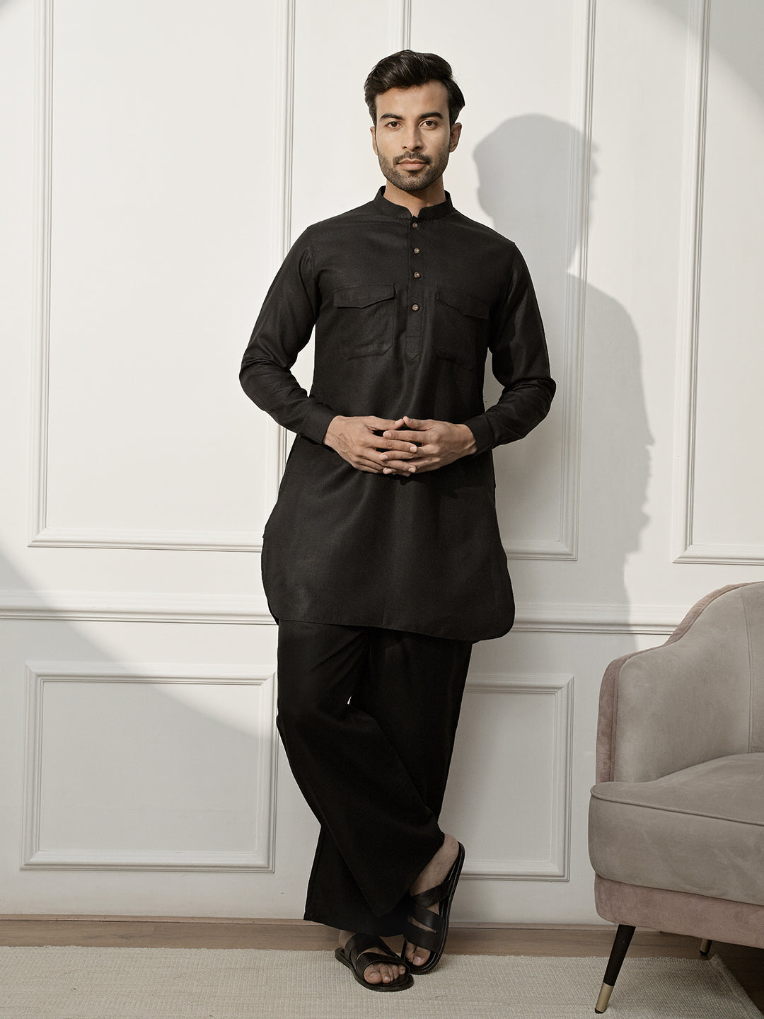 Men Black Cotton Linen Pathani Kurta With Palazzo Set