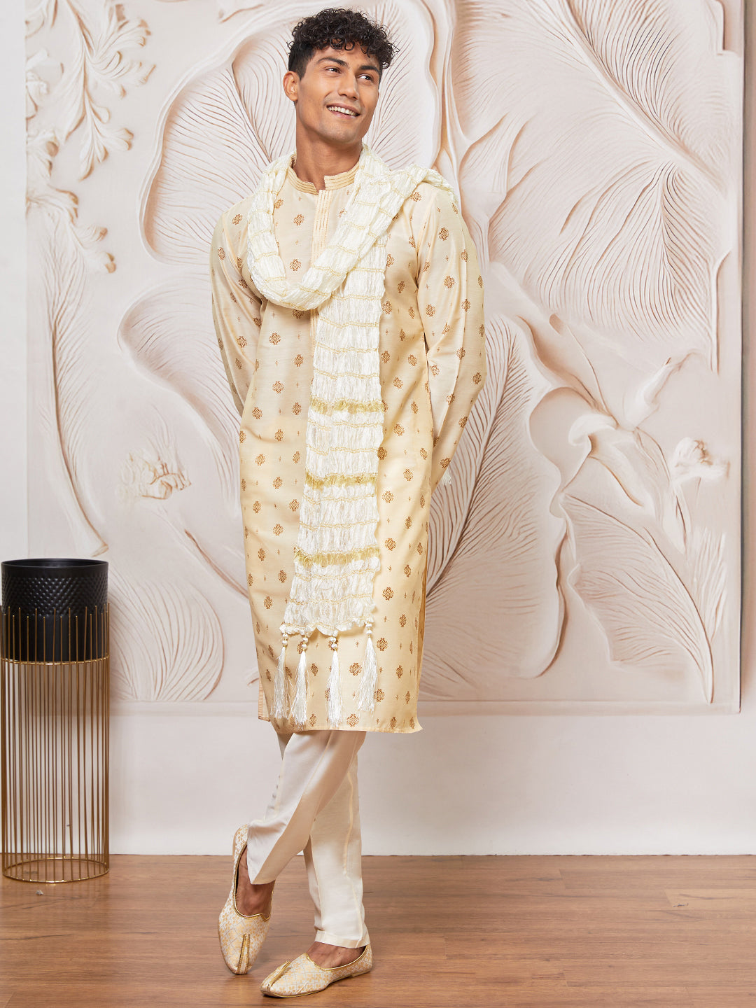 Men's Cream Silk Blend Kurta,Pant And Dupatta Set