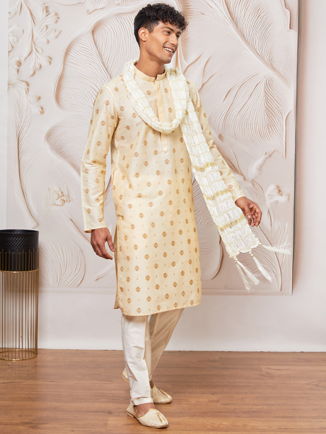 Men's Cream Silk Blend Kurta,Pant And Dupatta Set