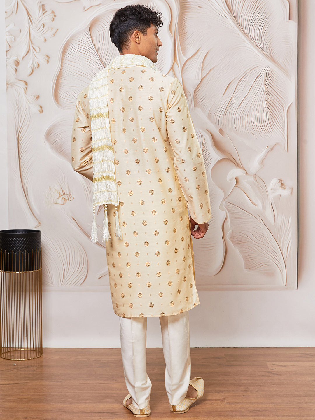 Men's Cream Silk Blend Kurta,Pant And Dupatta Set