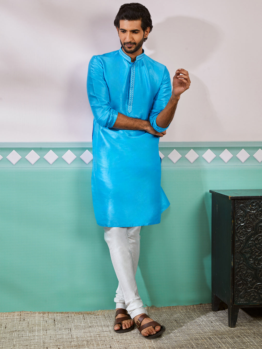Men's Aqua Dupion Silk Kurta And Pyjama Set