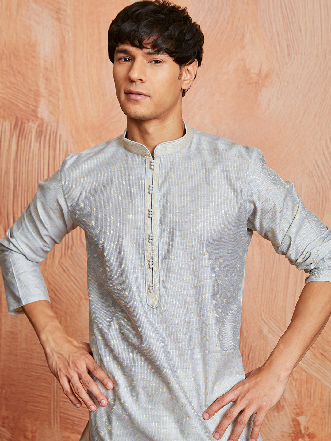 Men's Grey Silk Blend Kurta And Pyjama Set