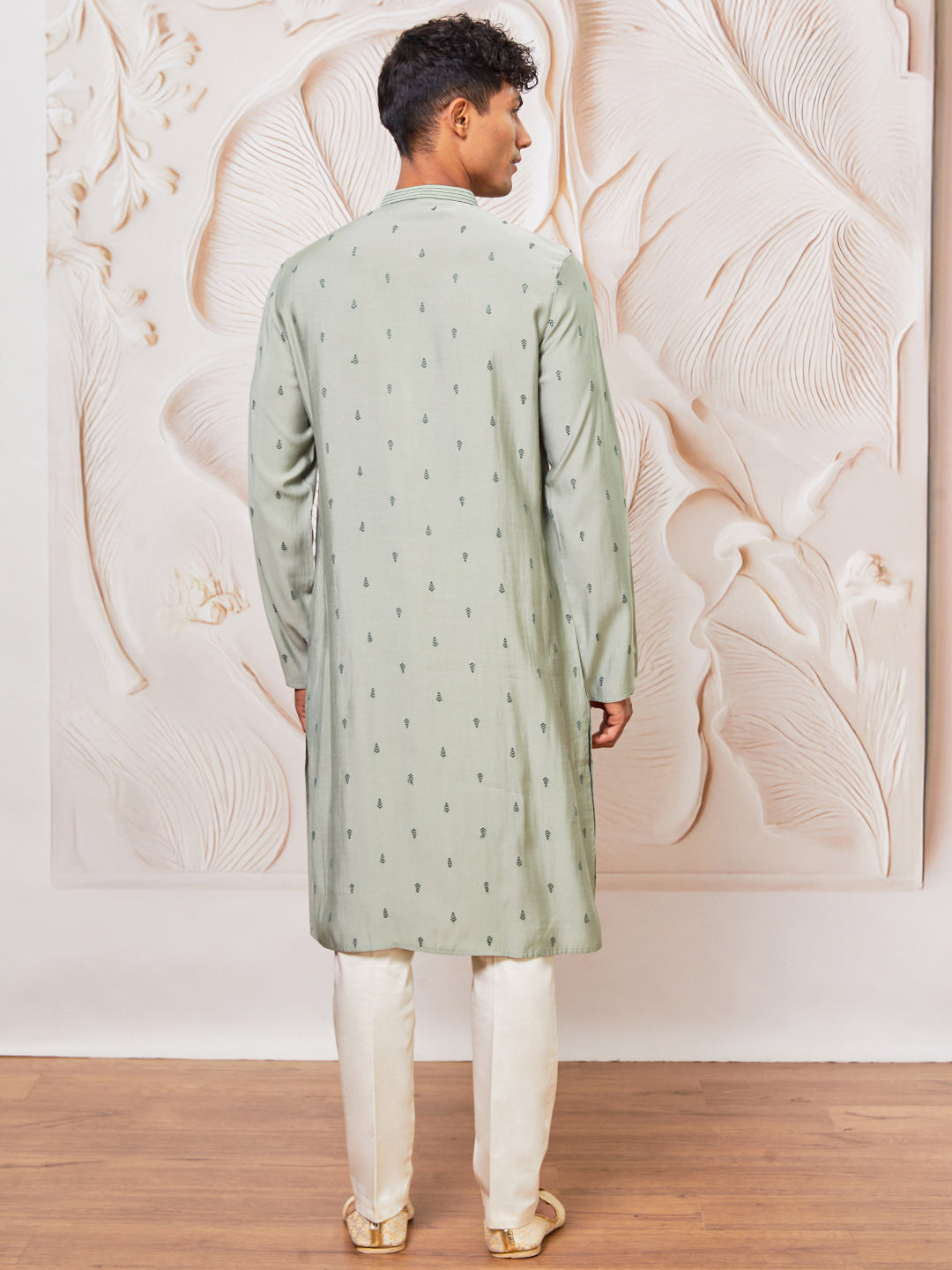 Men Mint Green Jacquard Embroidered Cotton Blend Kurta with Cream Pyjama Set
