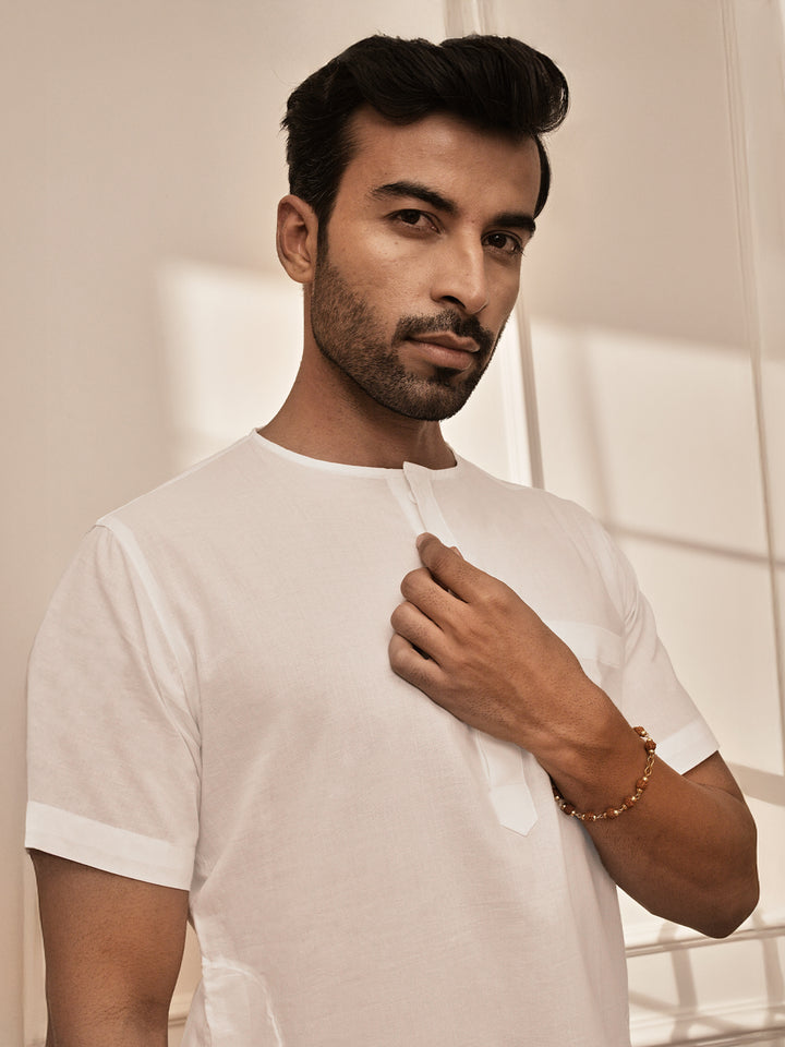 Men White Cambric Cotton Mid-Length Yoga Kurta
