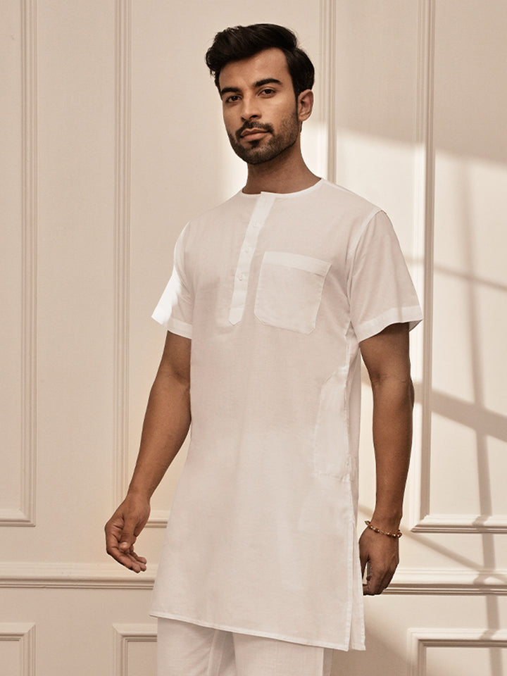 Men White Cambric Cotton Mid-Length Yoga Kurta