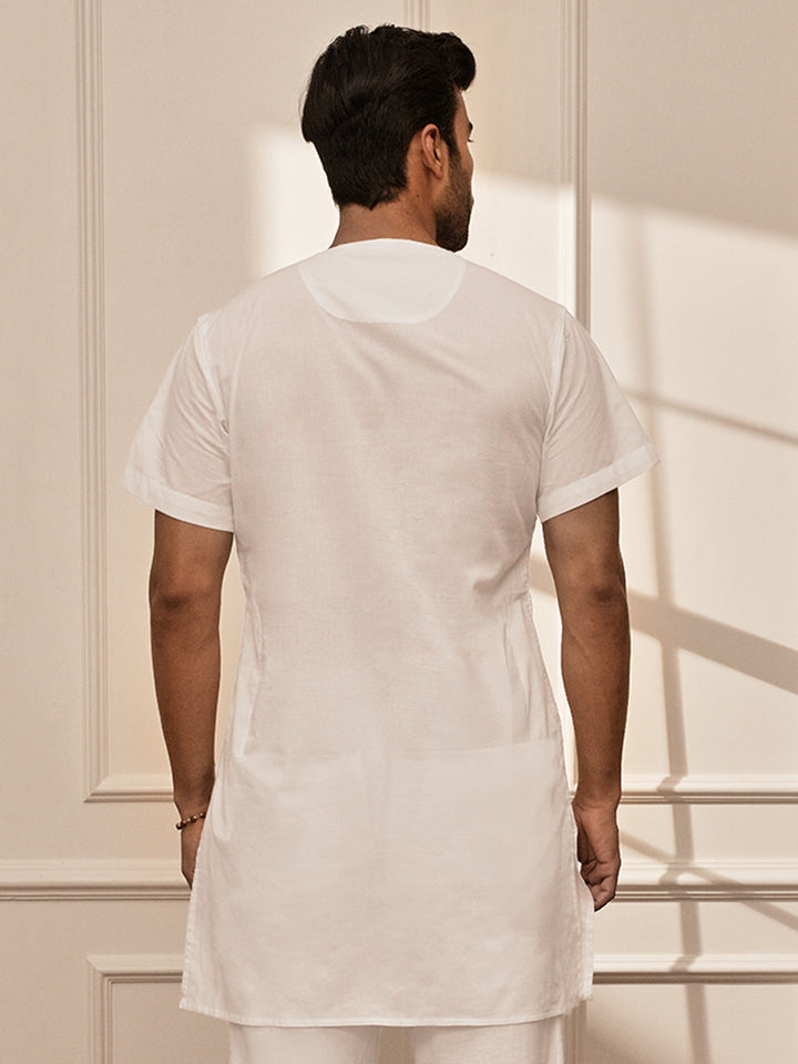 Men White Cambric Cotton Mid-Length Yoga Kurta