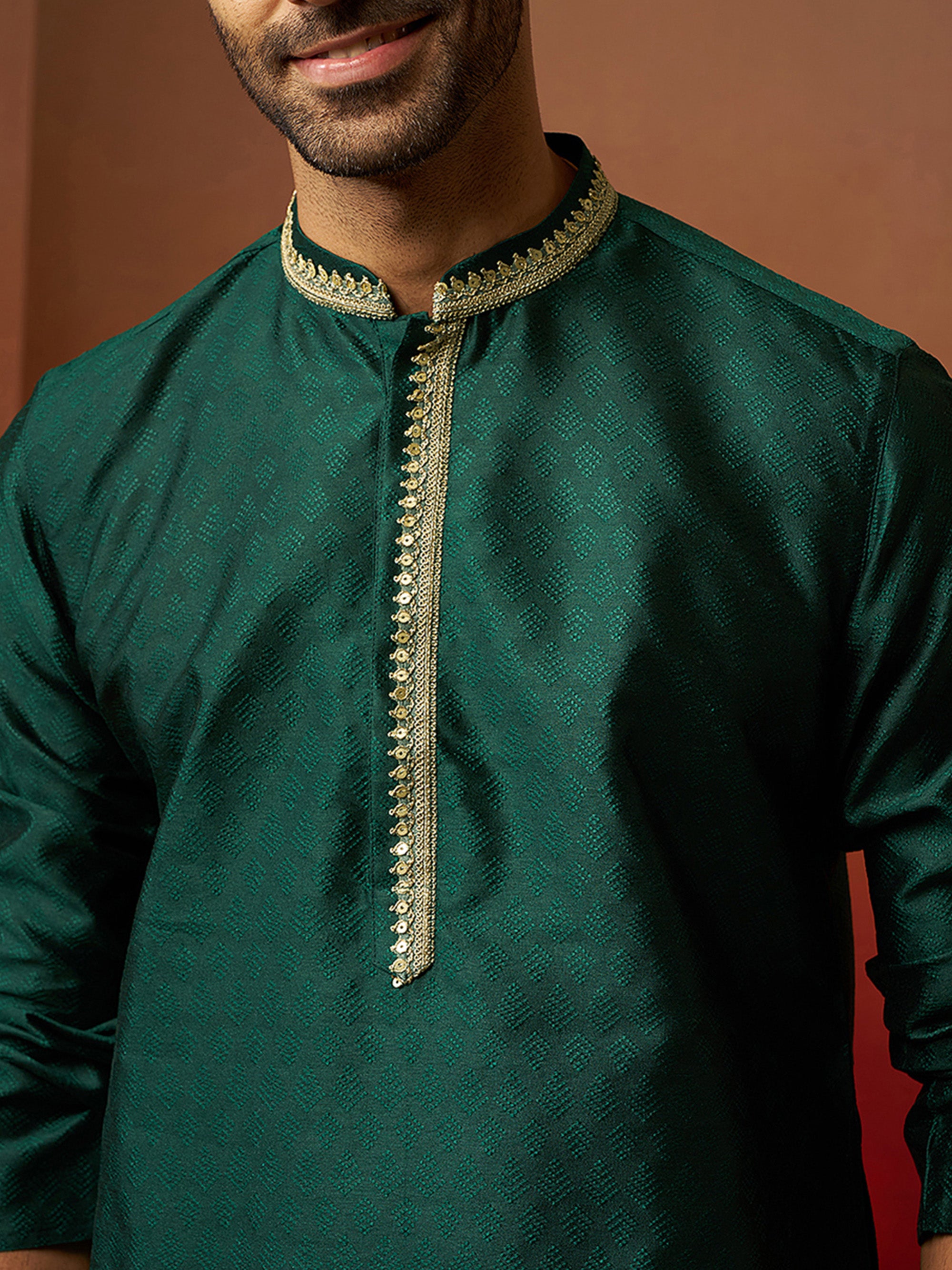 Vastramay Men Bottle Green Silk Anmol Jacquard Kurta