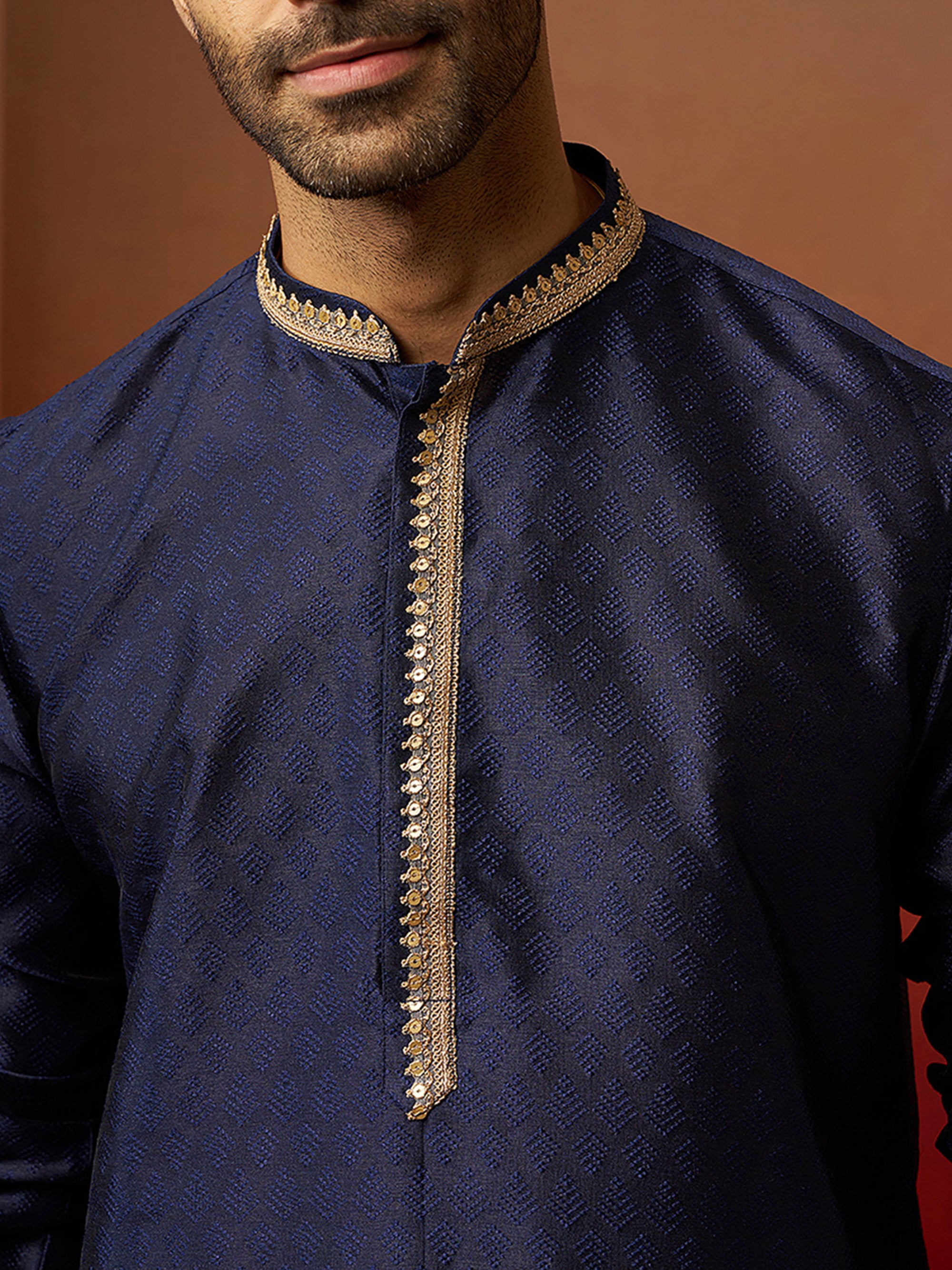 Vastramay Men Navy Blue Silk Anmol Jacquard Kurta