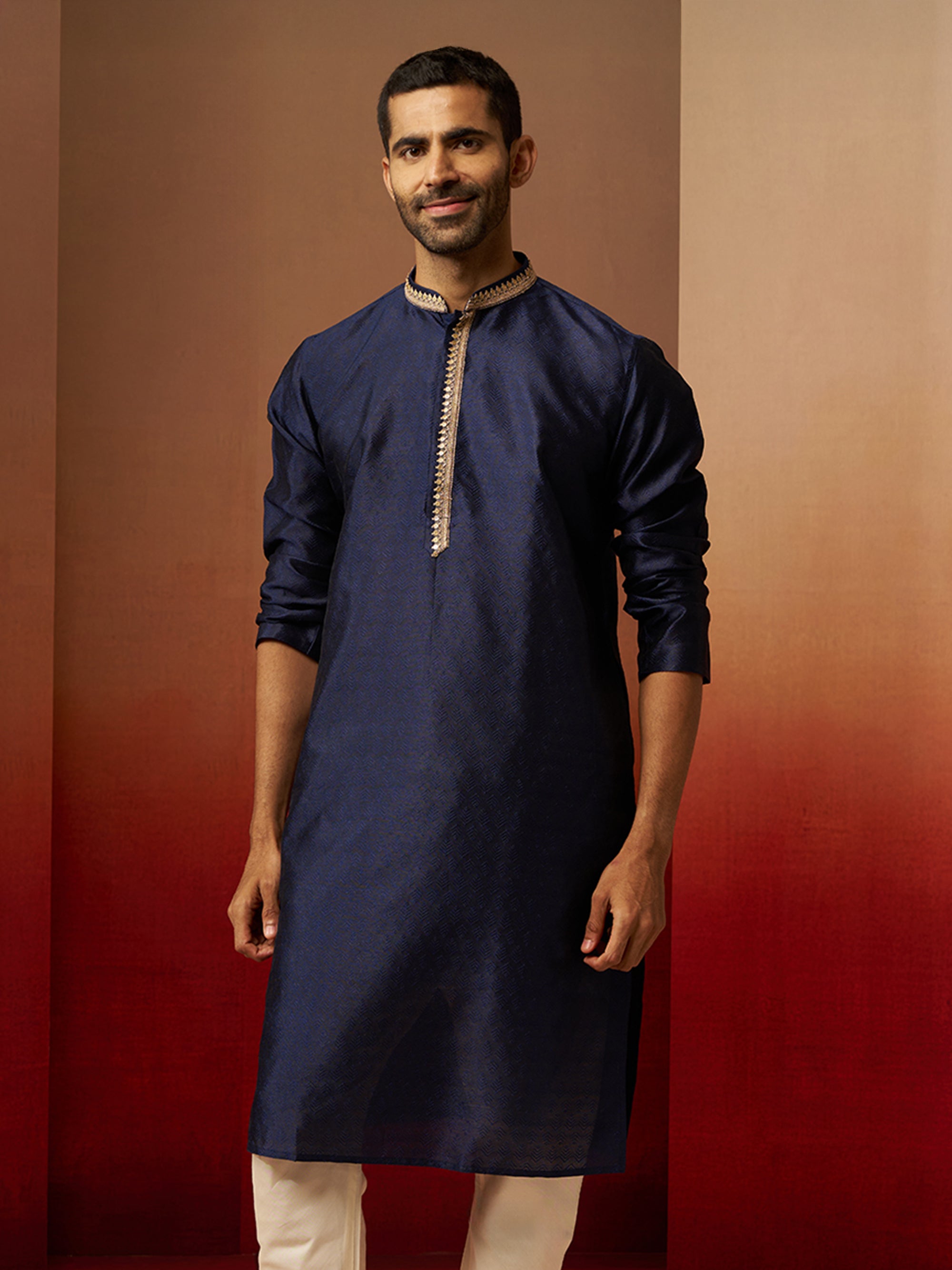 Vastramay Men Navy Blue Silk Anmol Jacquard Kurta