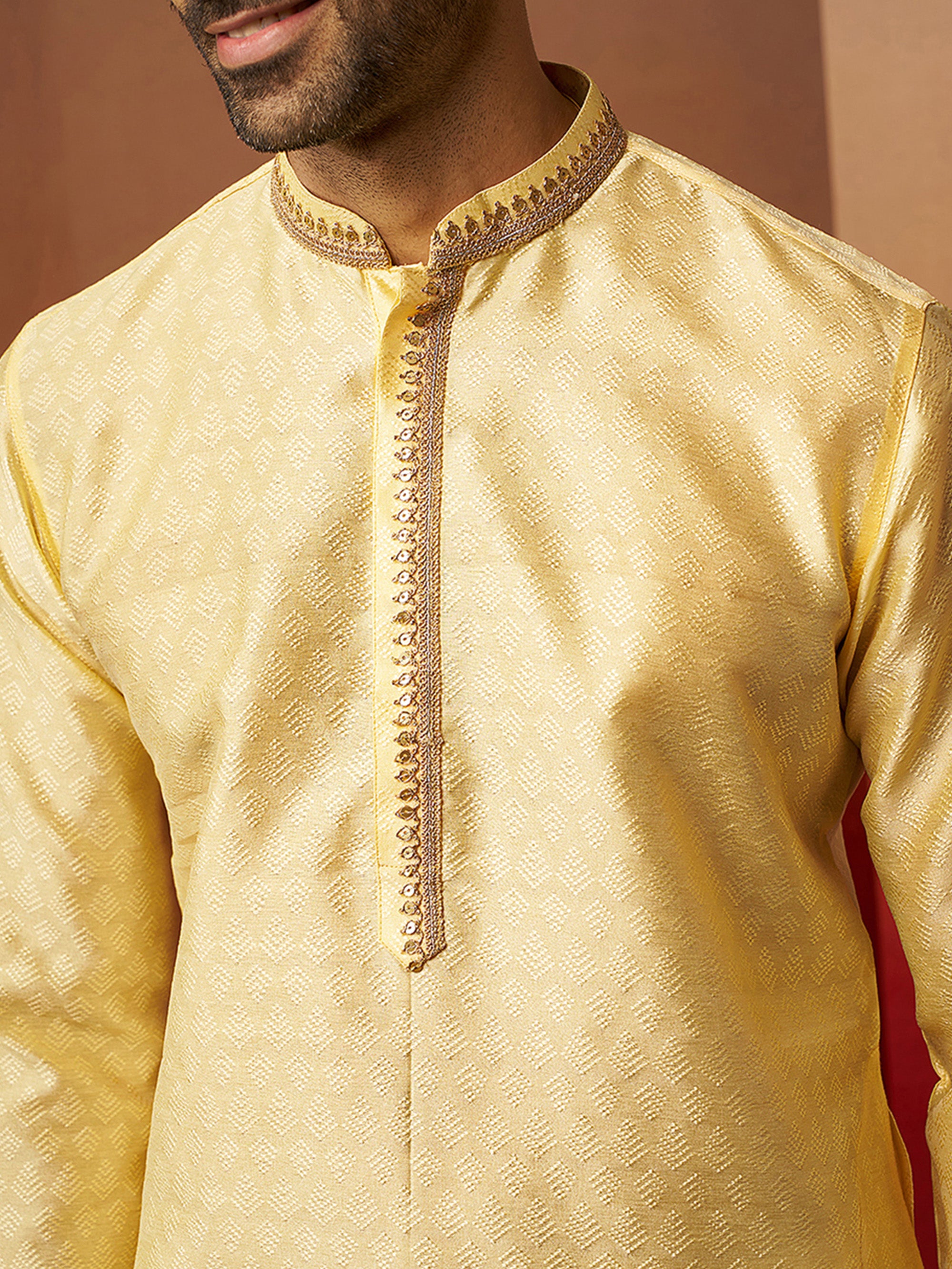 Men Yellow Silk Anmol Jacquard Kurta