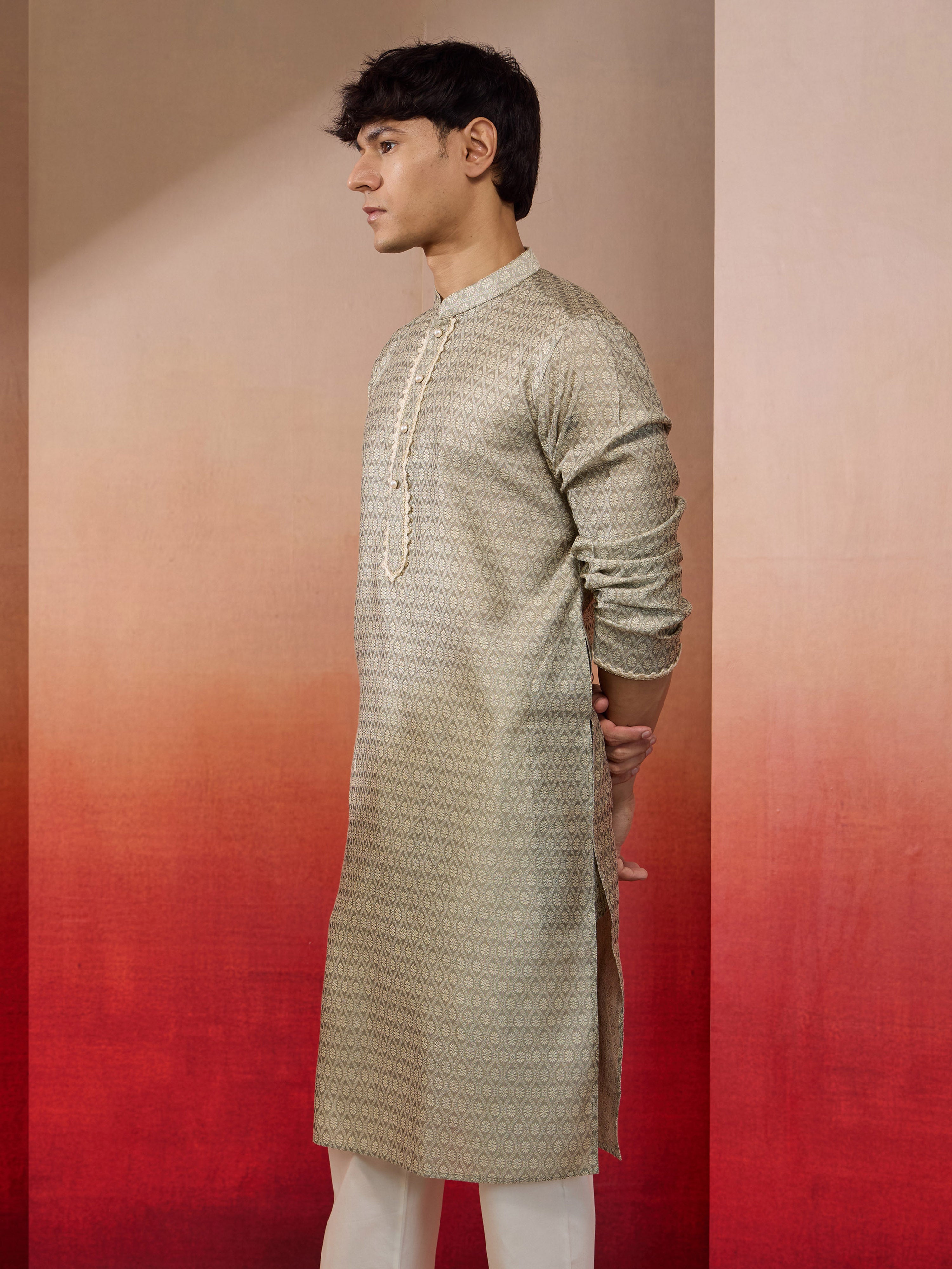 Men's Grey Silk Jacquard Kurta