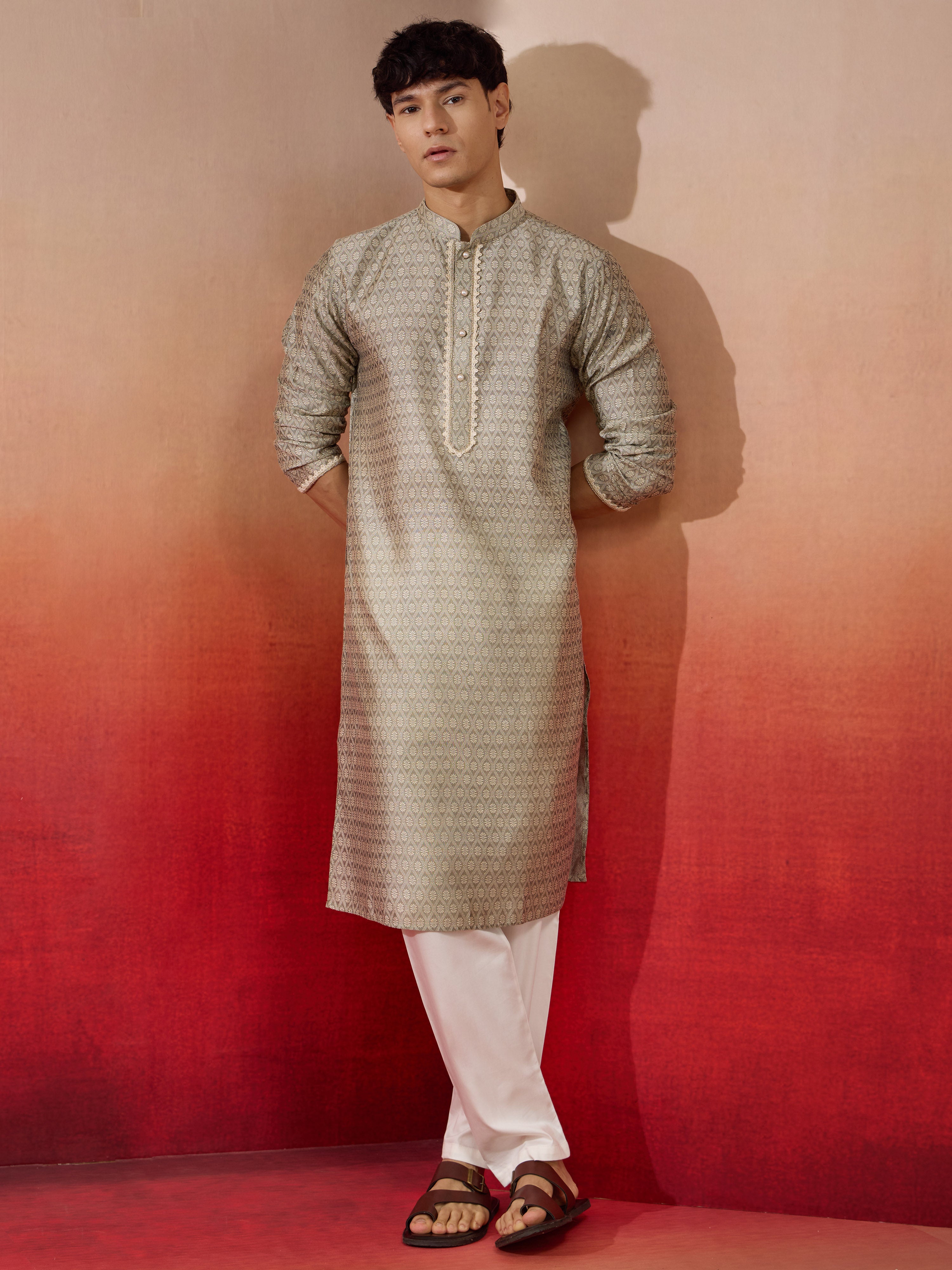 Men's Grey Silk Jacquard Kurta