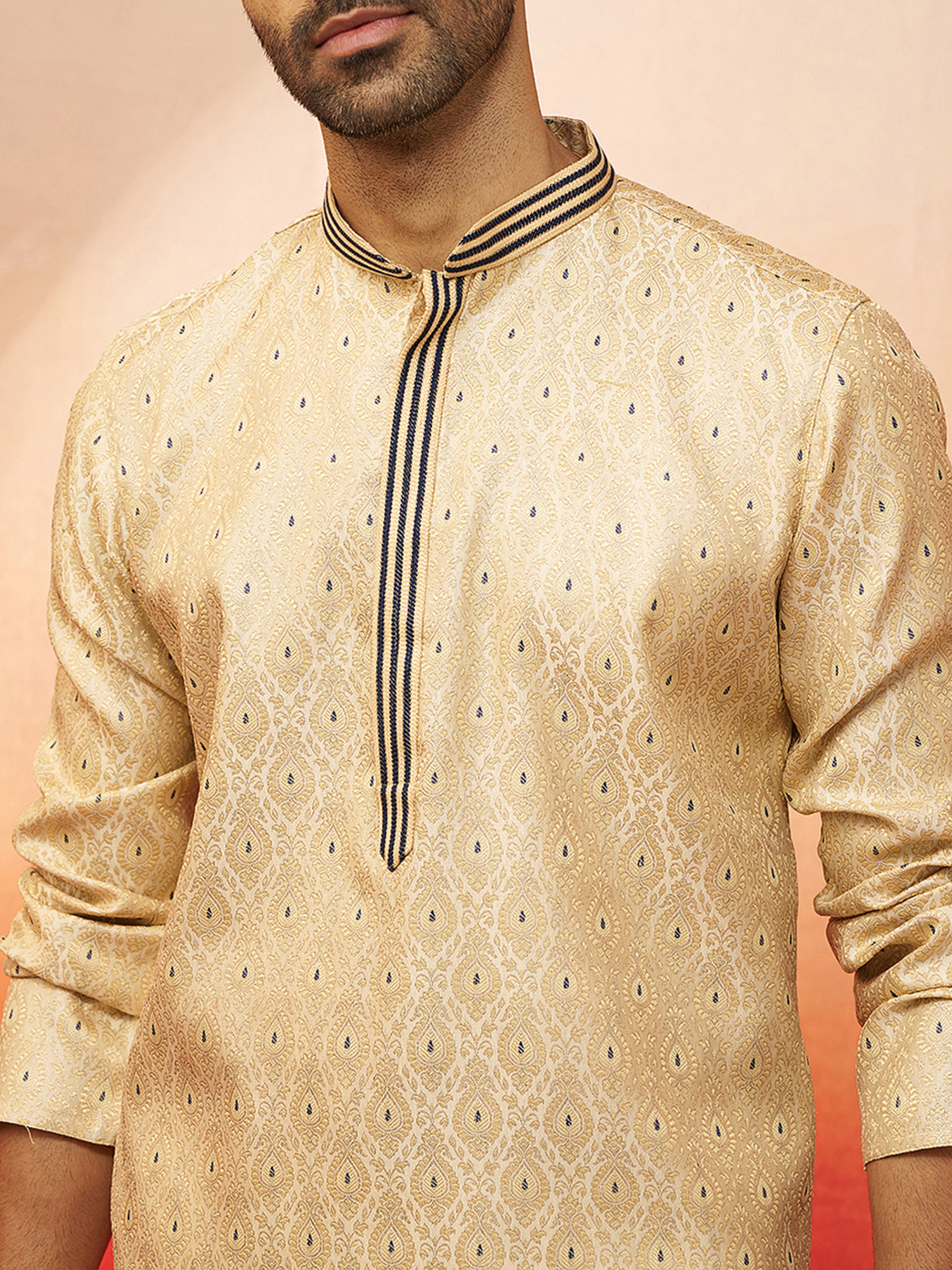 Vastramay Men Cream Royal Blue Silk Jacquard Kurta