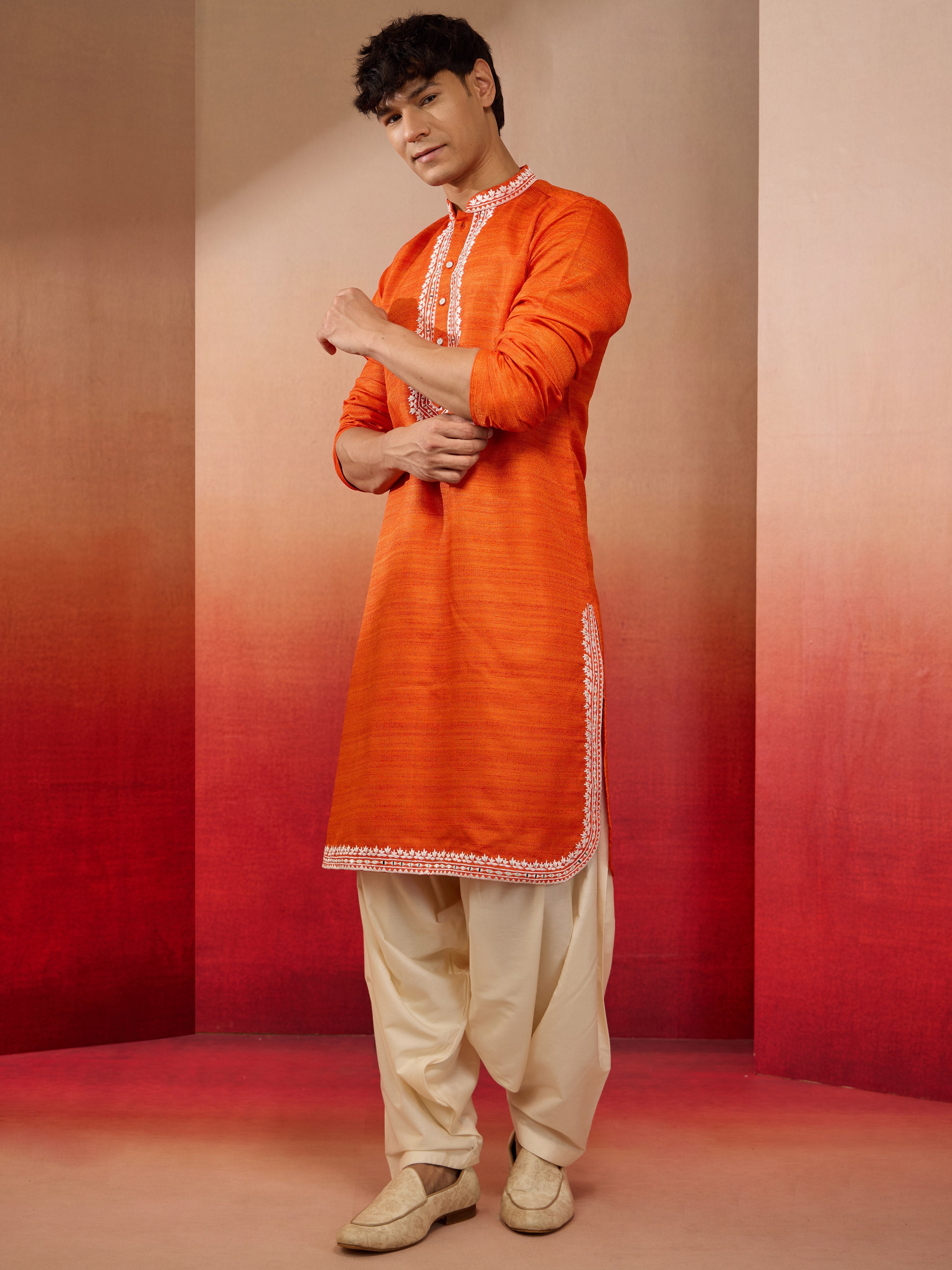 Men's Orange Champion Matka Hand Embroidered Kurta with Cream Patiala Set