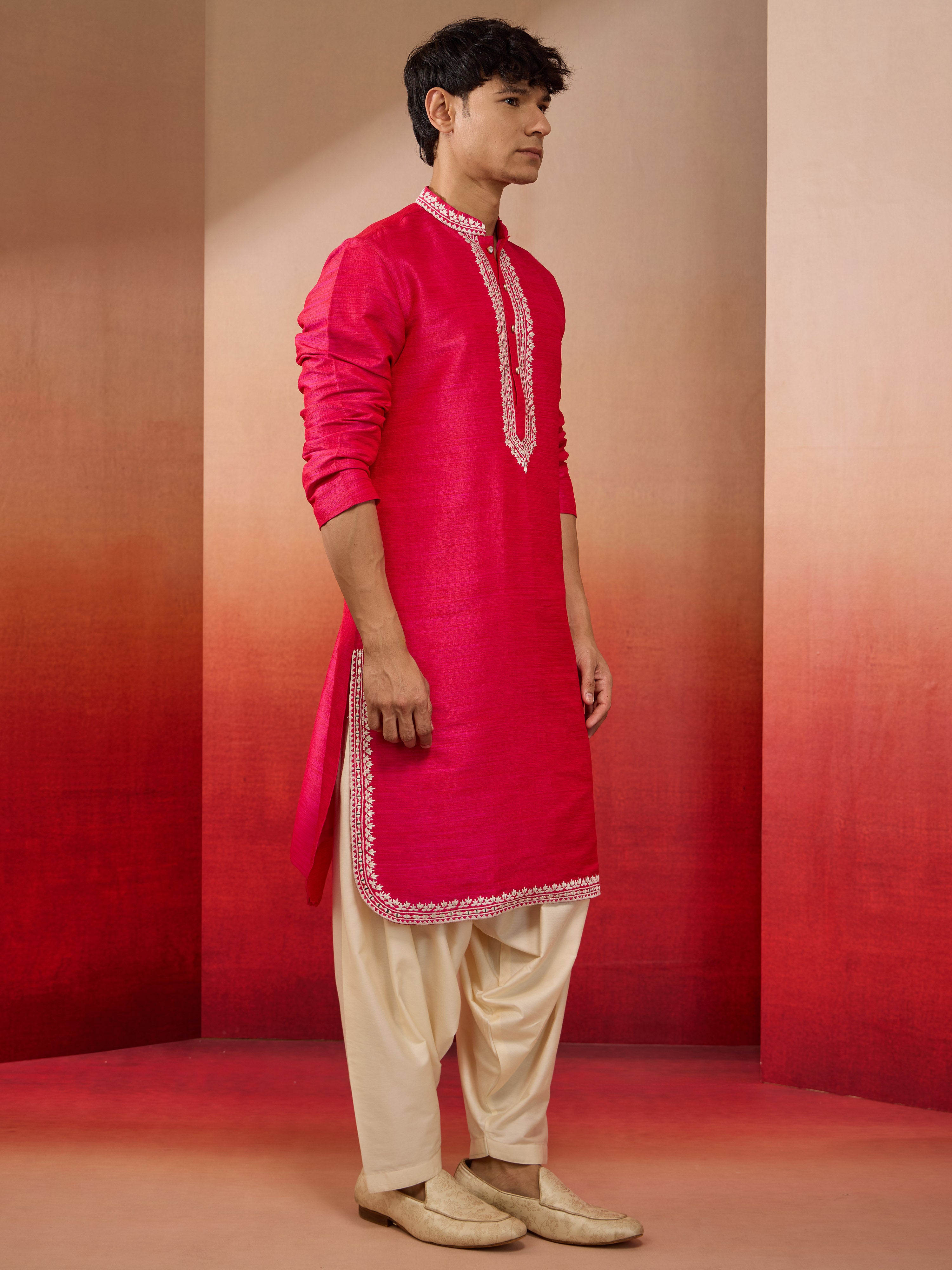 Men's Pink Phantom Silk Hand Embroidered Kurta with Cream Patiala Set