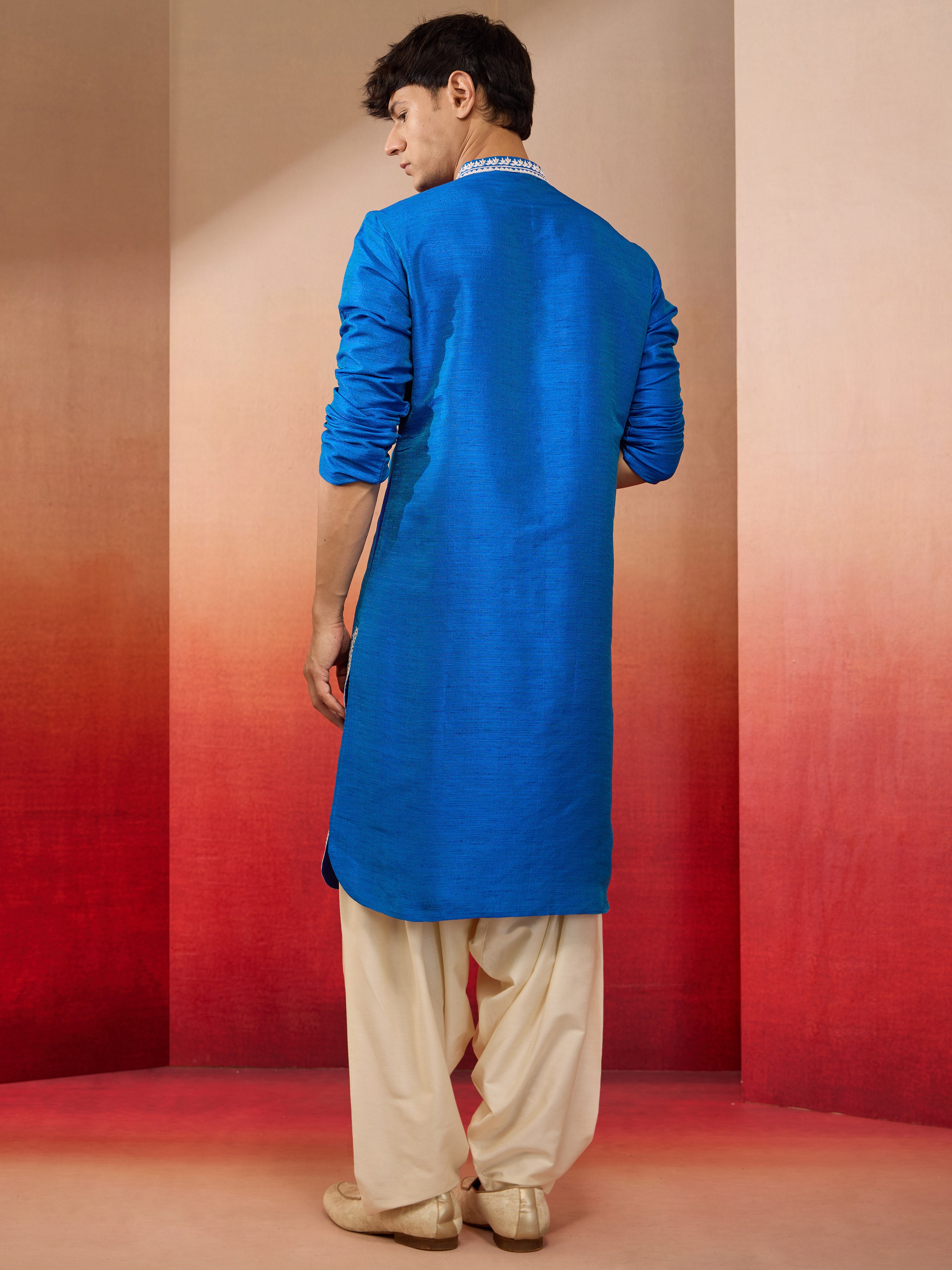 Men's Royal Blue Phantom Silk Hand Embroidered Kurta with Cream Patiala