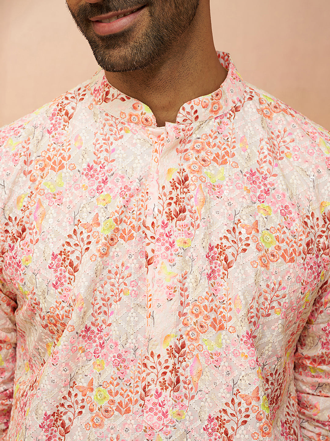 Men's Multicolor Digital Print Kurta with Cream Pants Set