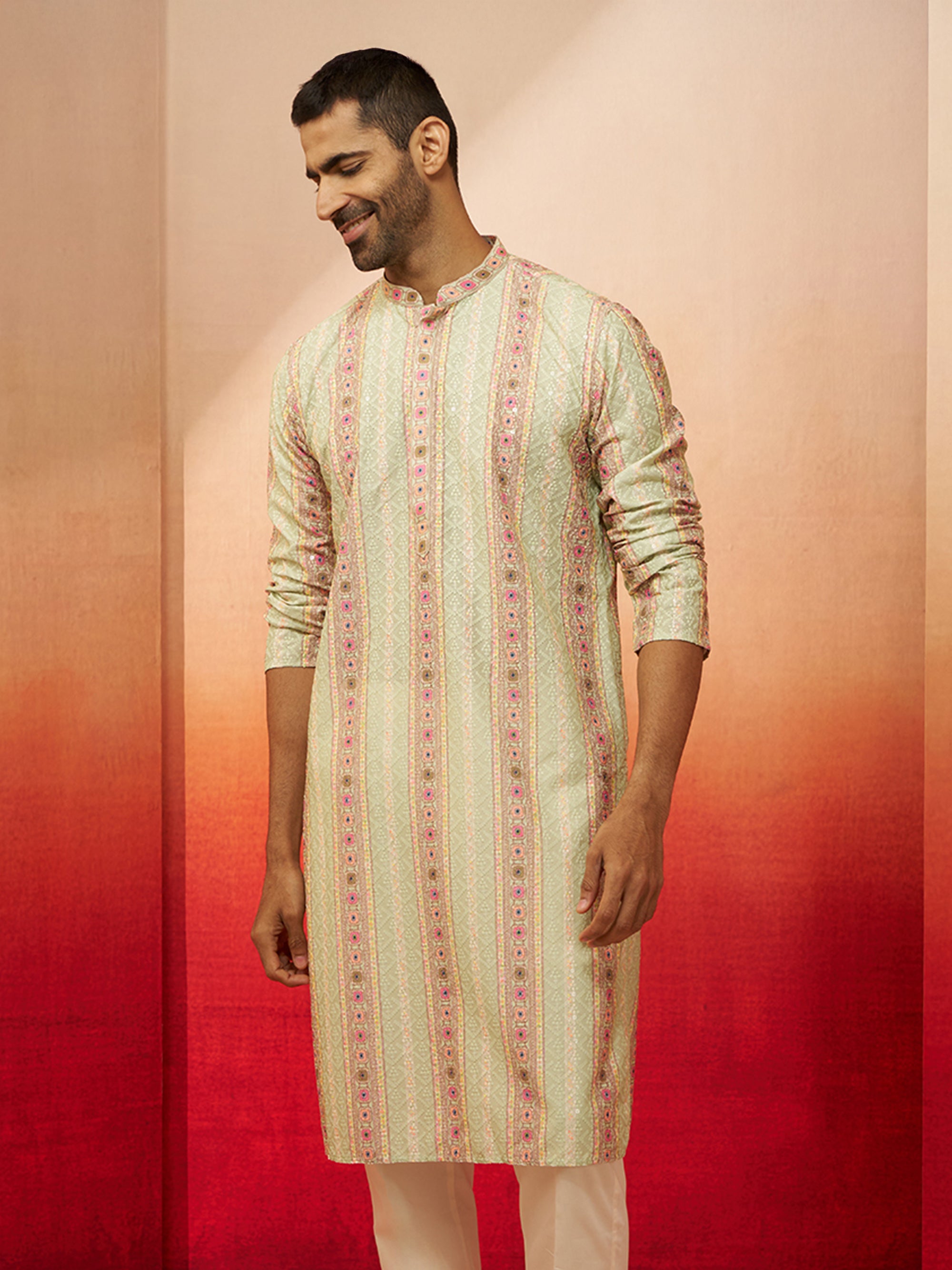 Men Mint Green Cotton Sequin Embroidered Kurta