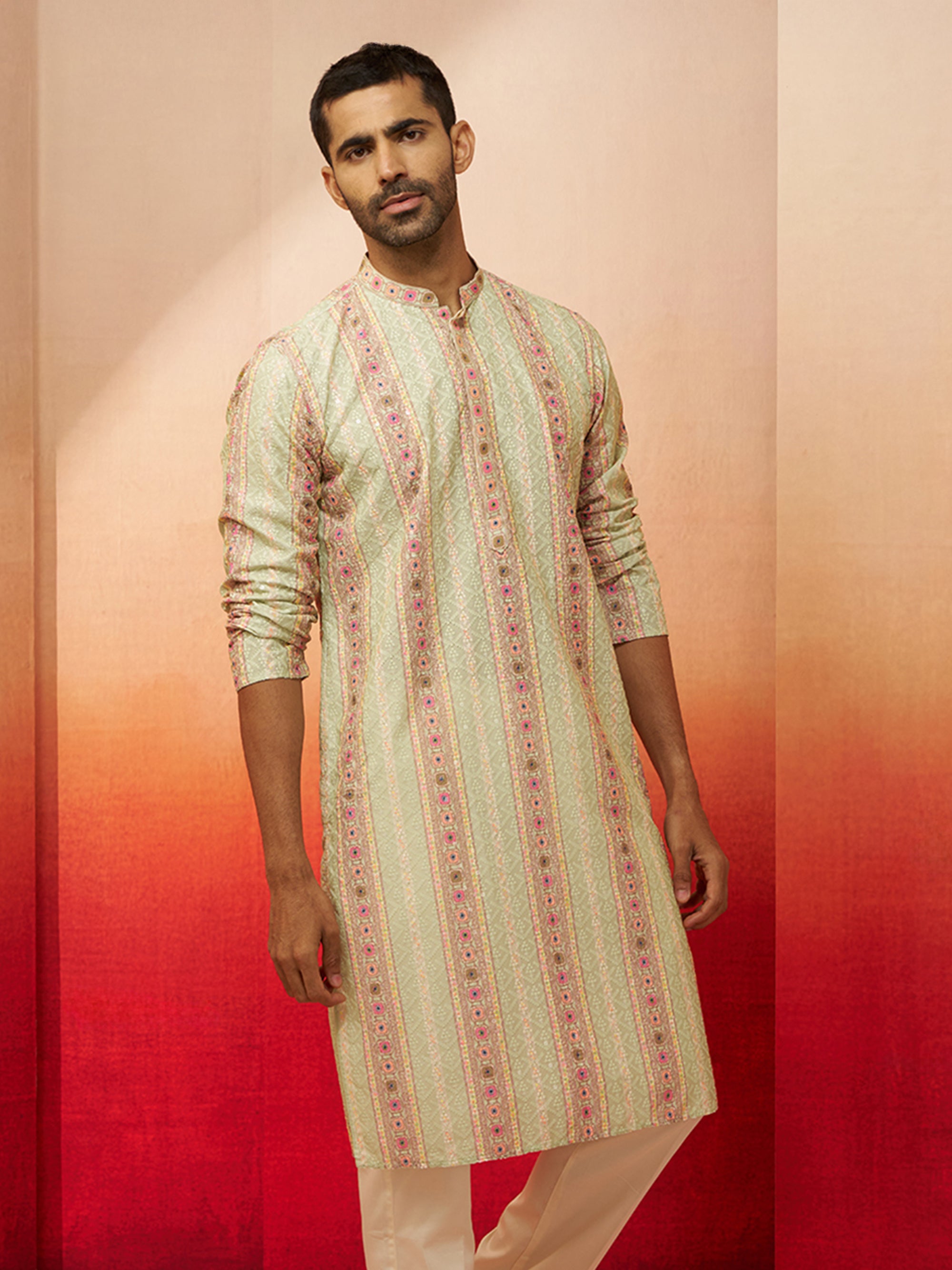 Men Mint Green Cotton Sequin Embroidered Kurta