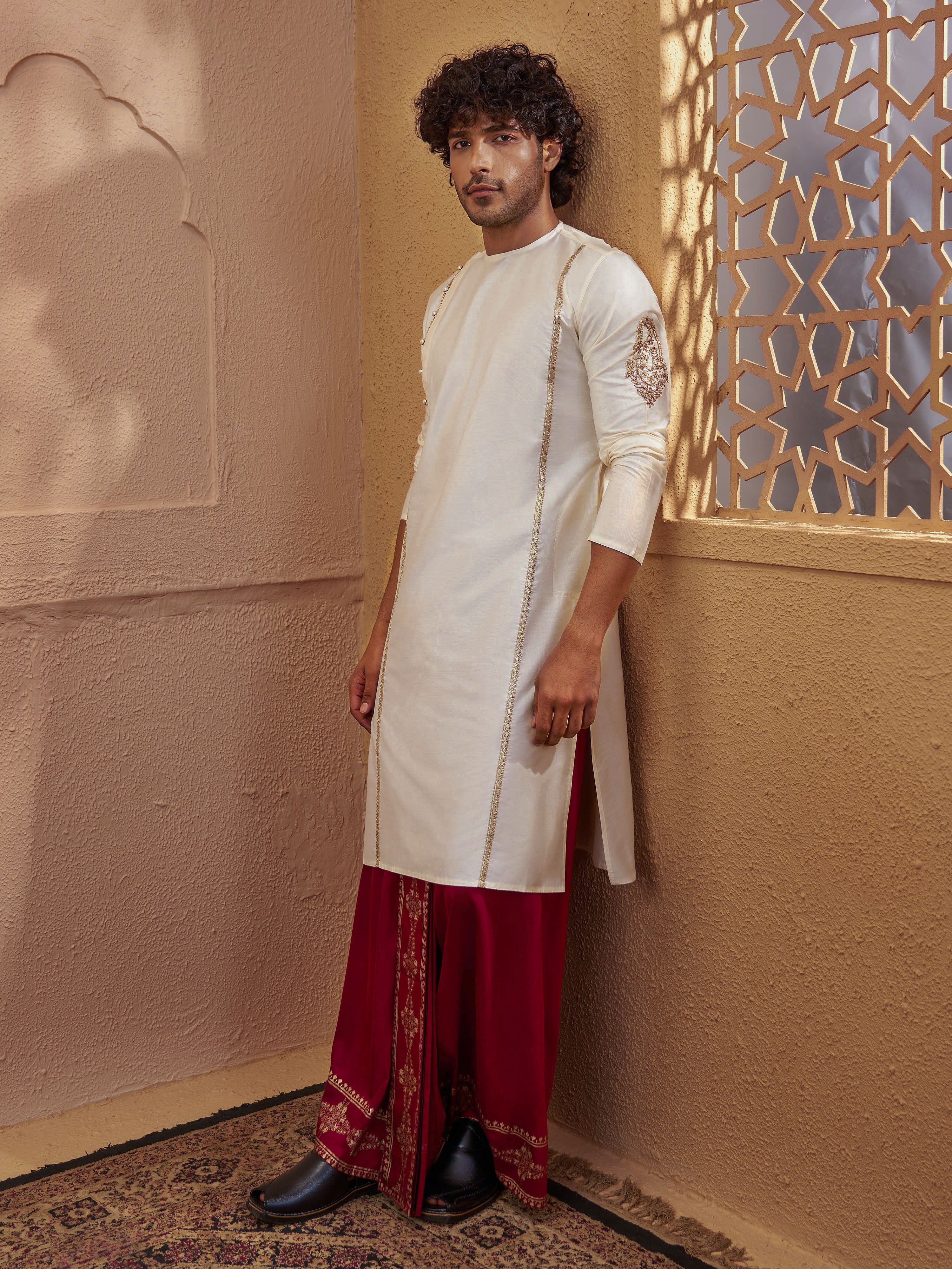 Cream Viscose Zardozi Kurta Dhoti Set for Men