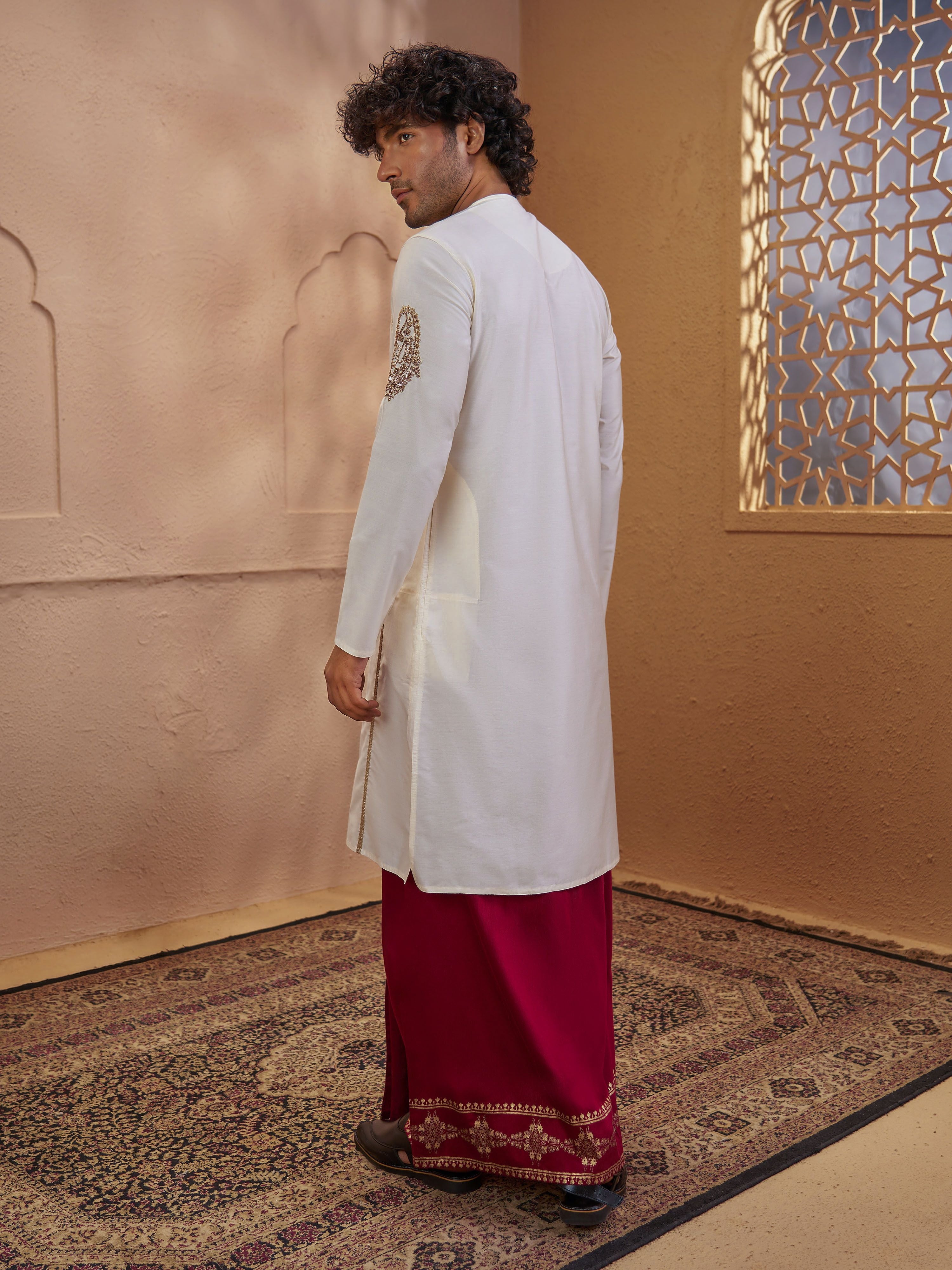 Men's Cream Viscose Embroidered Thigh Length Kurta With Dhoti
