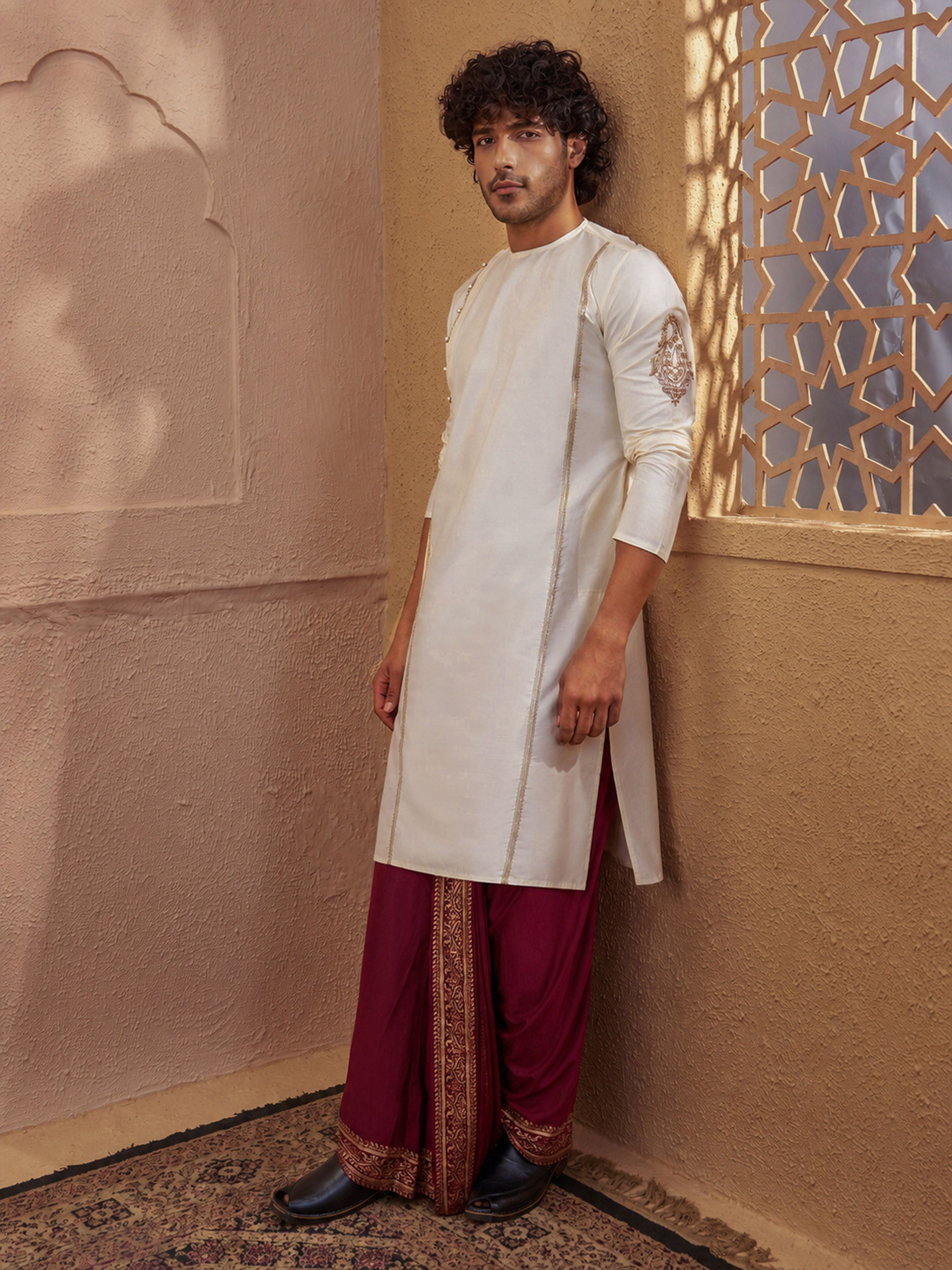 Cream Cotton-Silk Embroidered Kurta Dhoti Set for Men