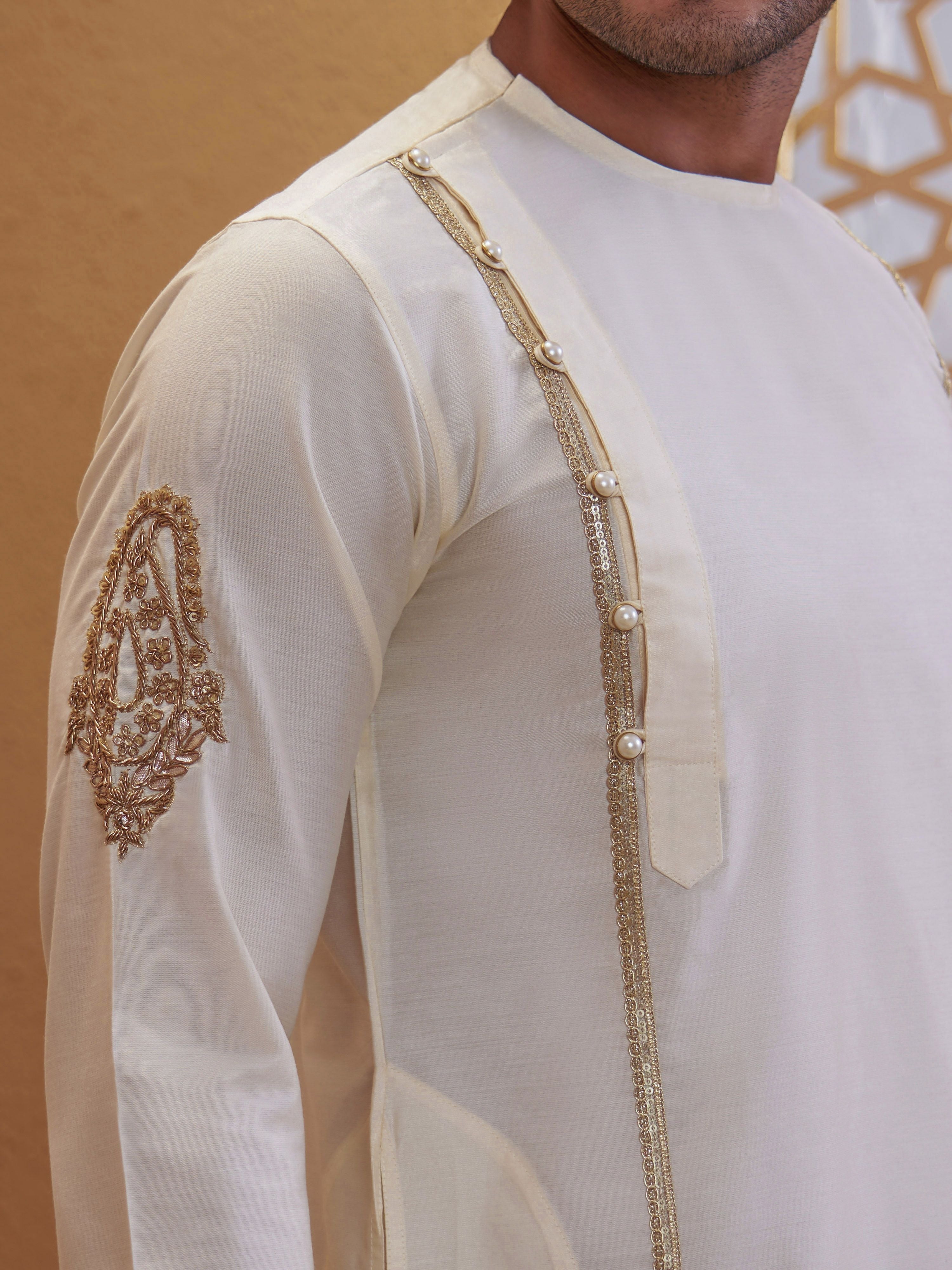 Men's Cream Cotton-Silk Embroidered Thigh Length Kurta With Dhoti