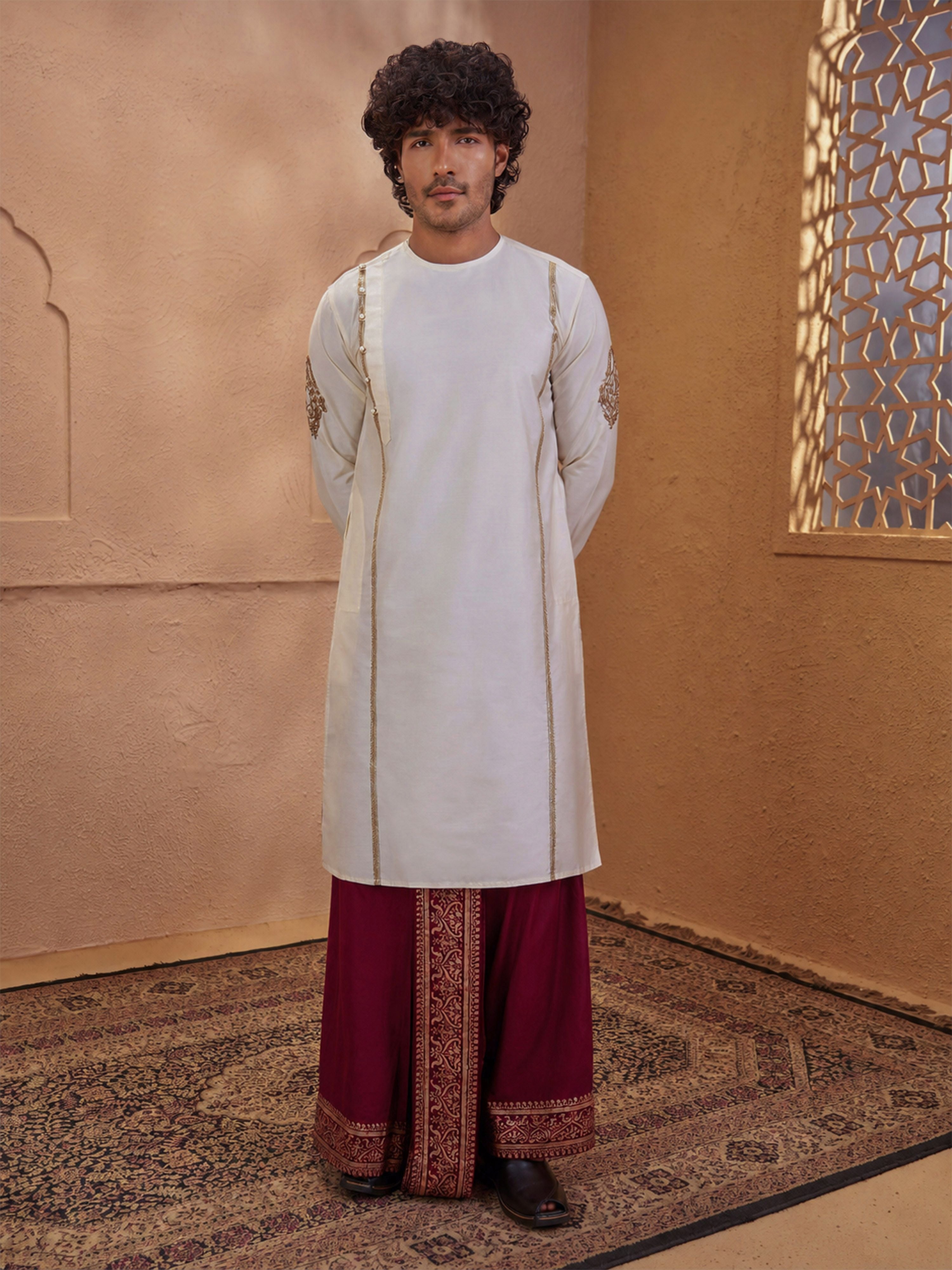 Men's Cream Cotton-Silk Embroidered Thigh Length Kurta With Dhoti
