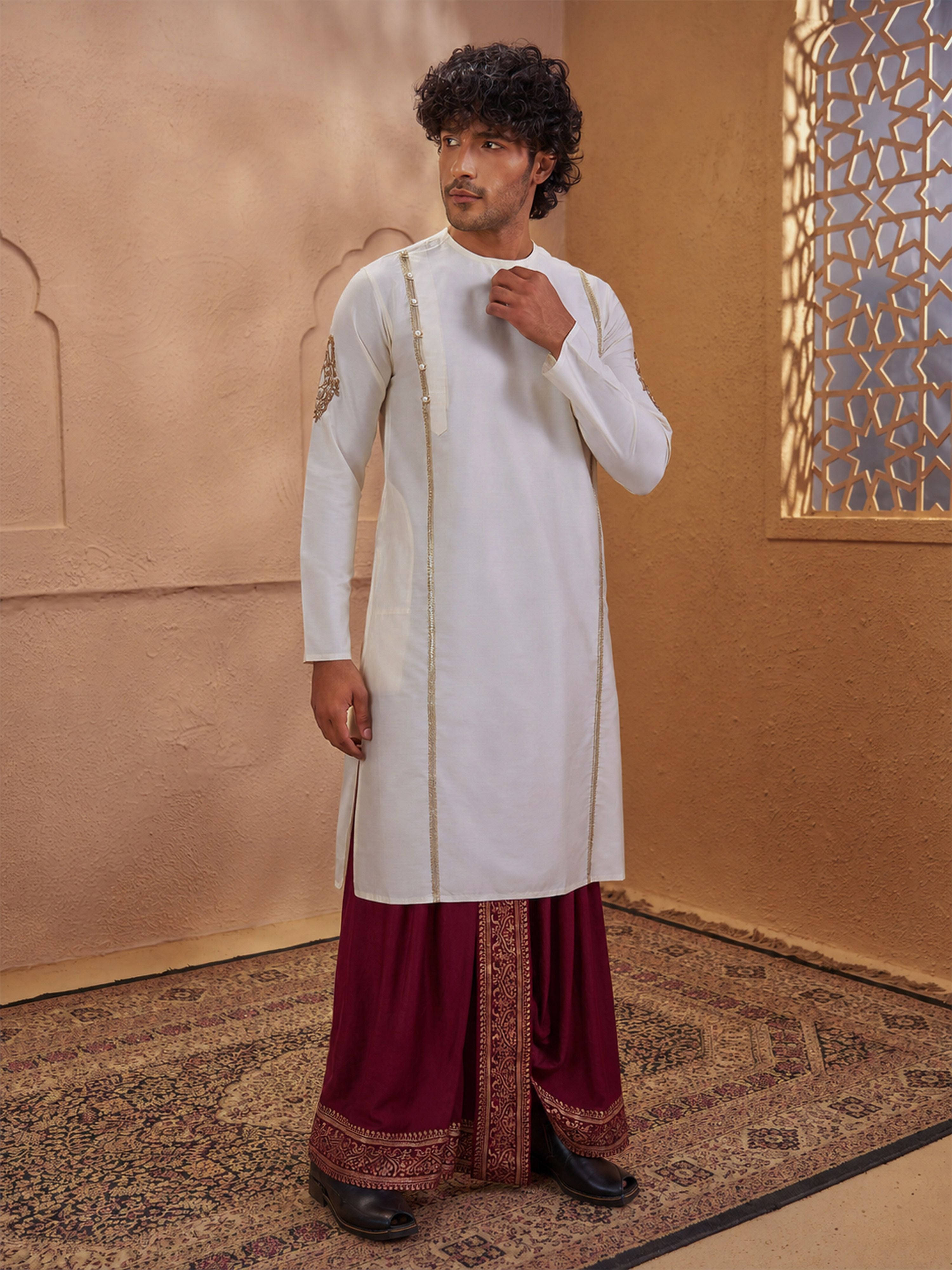 Men's Cream Cotton-Silk Embroidered Thigh Length Kurta With Dhoti
