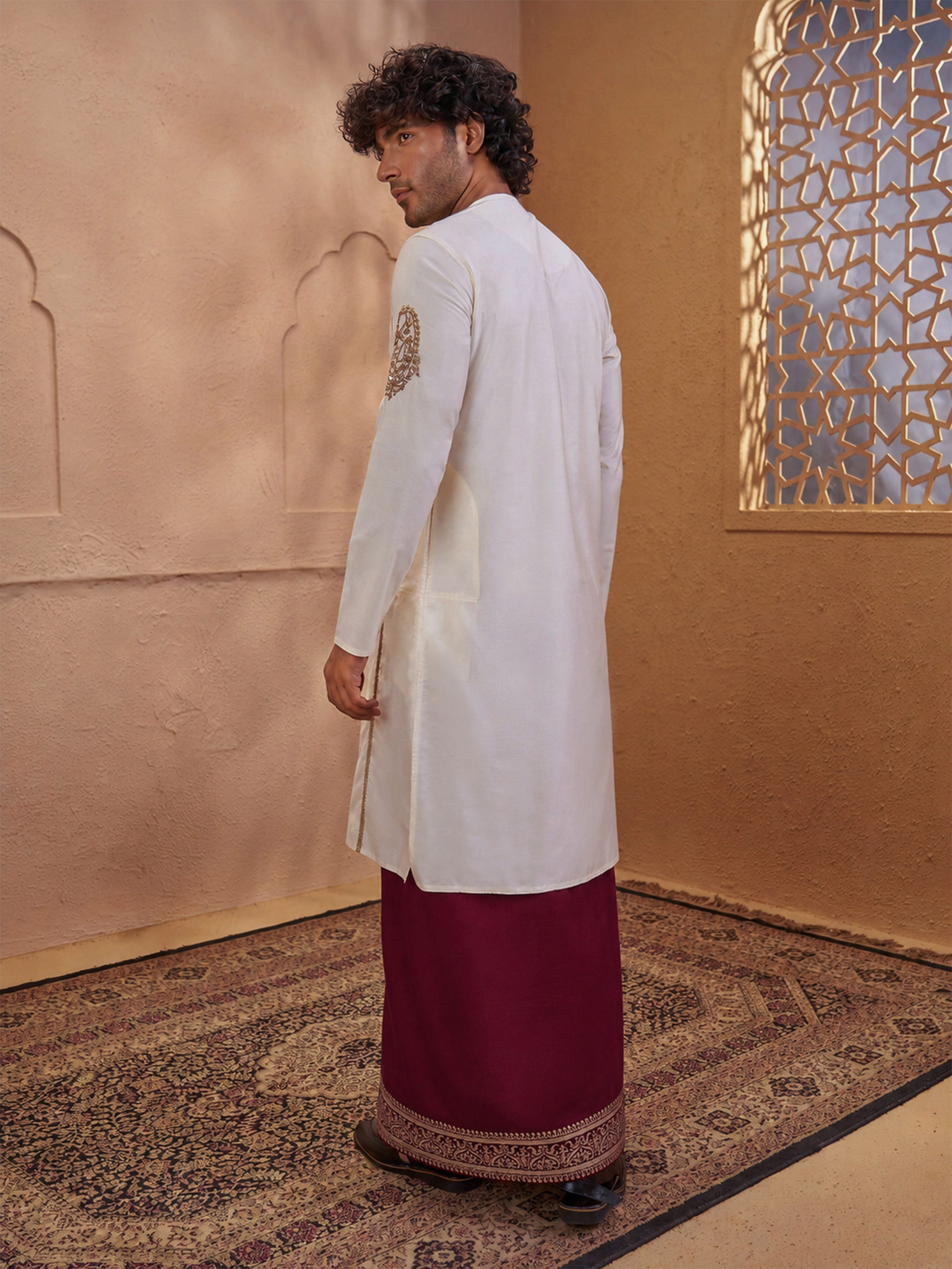 Men's Cream Cotton-Silk Embroidered Thigh Length Kurta With Dhoti