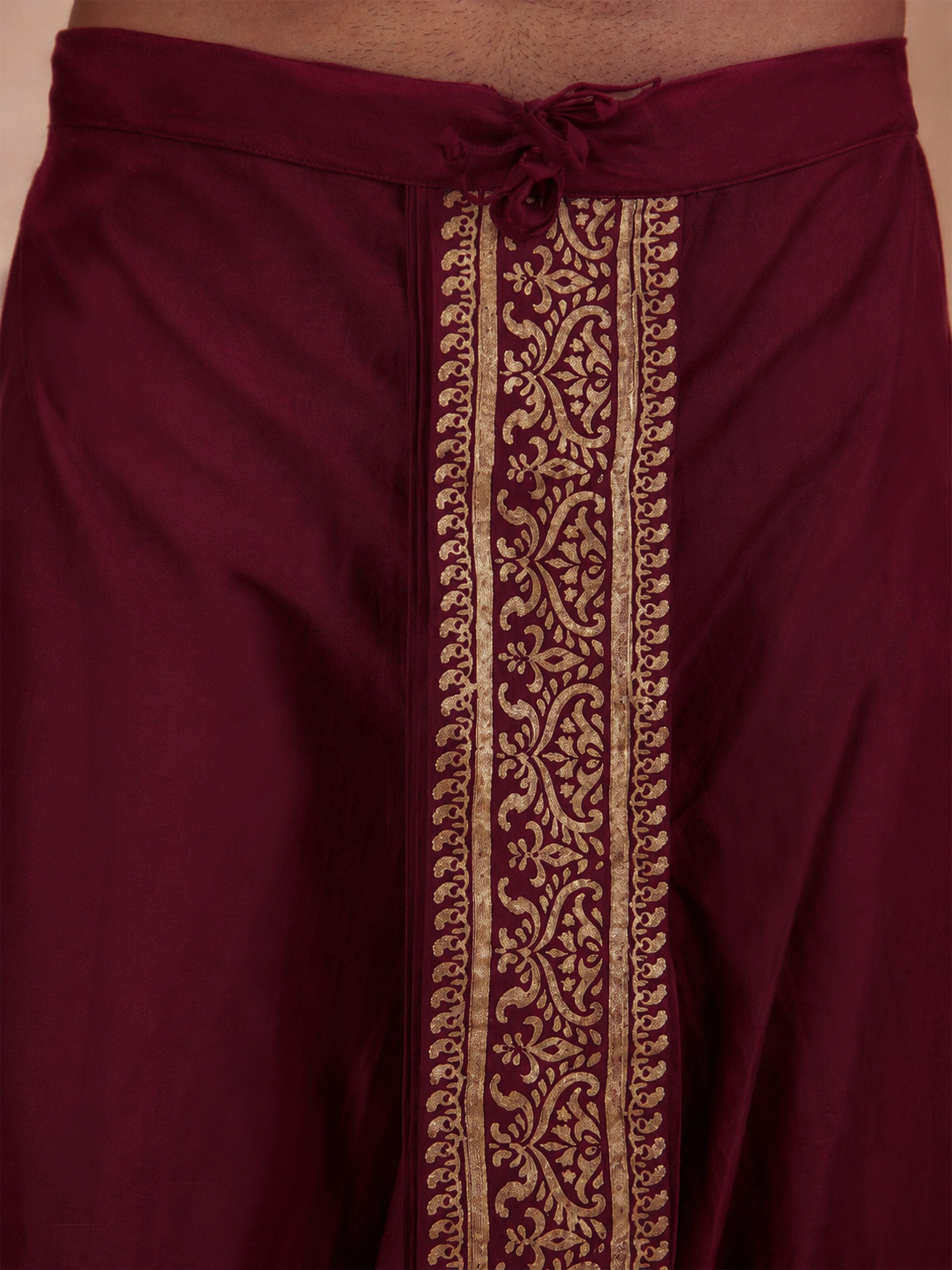 Men's Cream Cotton-Silk Embroidered Thigh Length Kurta With Dhoti