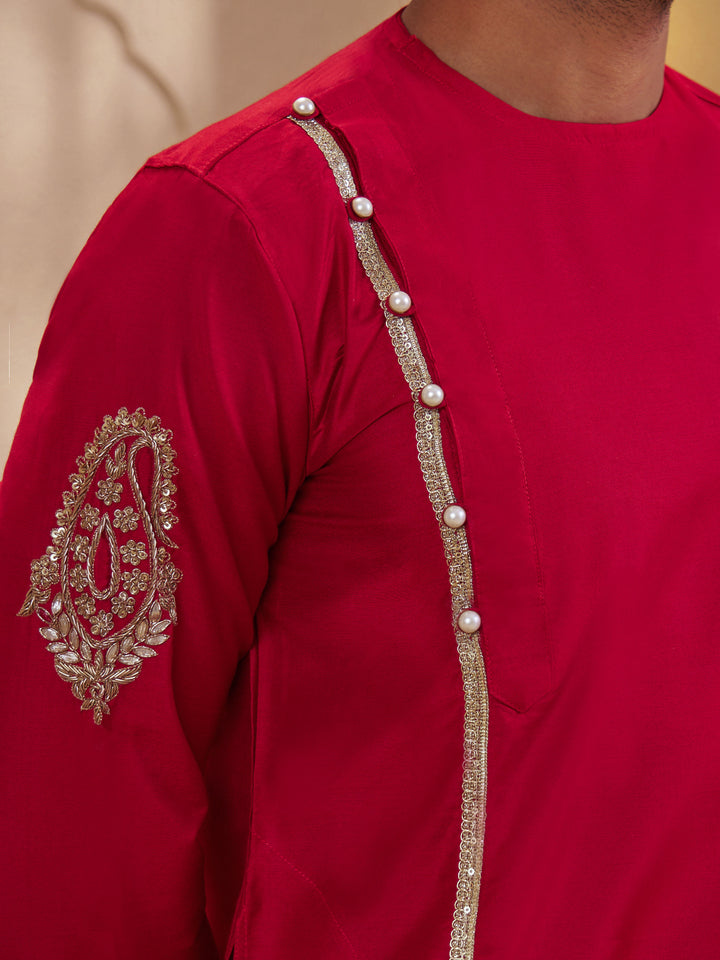 Men Red Silk Blend Zardozi Embroidered Kurta with Cream Dhoti Set