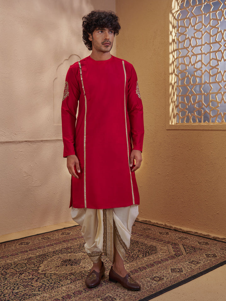 Men Red Silk Blend Zardozi Embroidered Kurta with Cream Dhoti Set