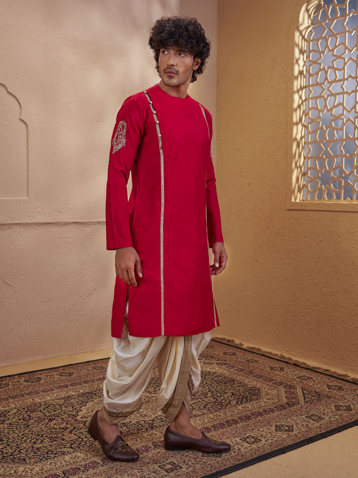 Men Red Silk Blend Zardozi Embroidered Kurta with Cream Dhoti Set