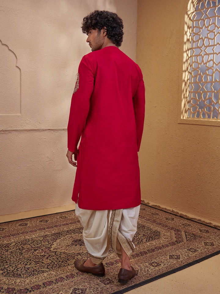 Men Red Silk Blend Zardozi Embroidered Kurta with Cream Dhoti Set