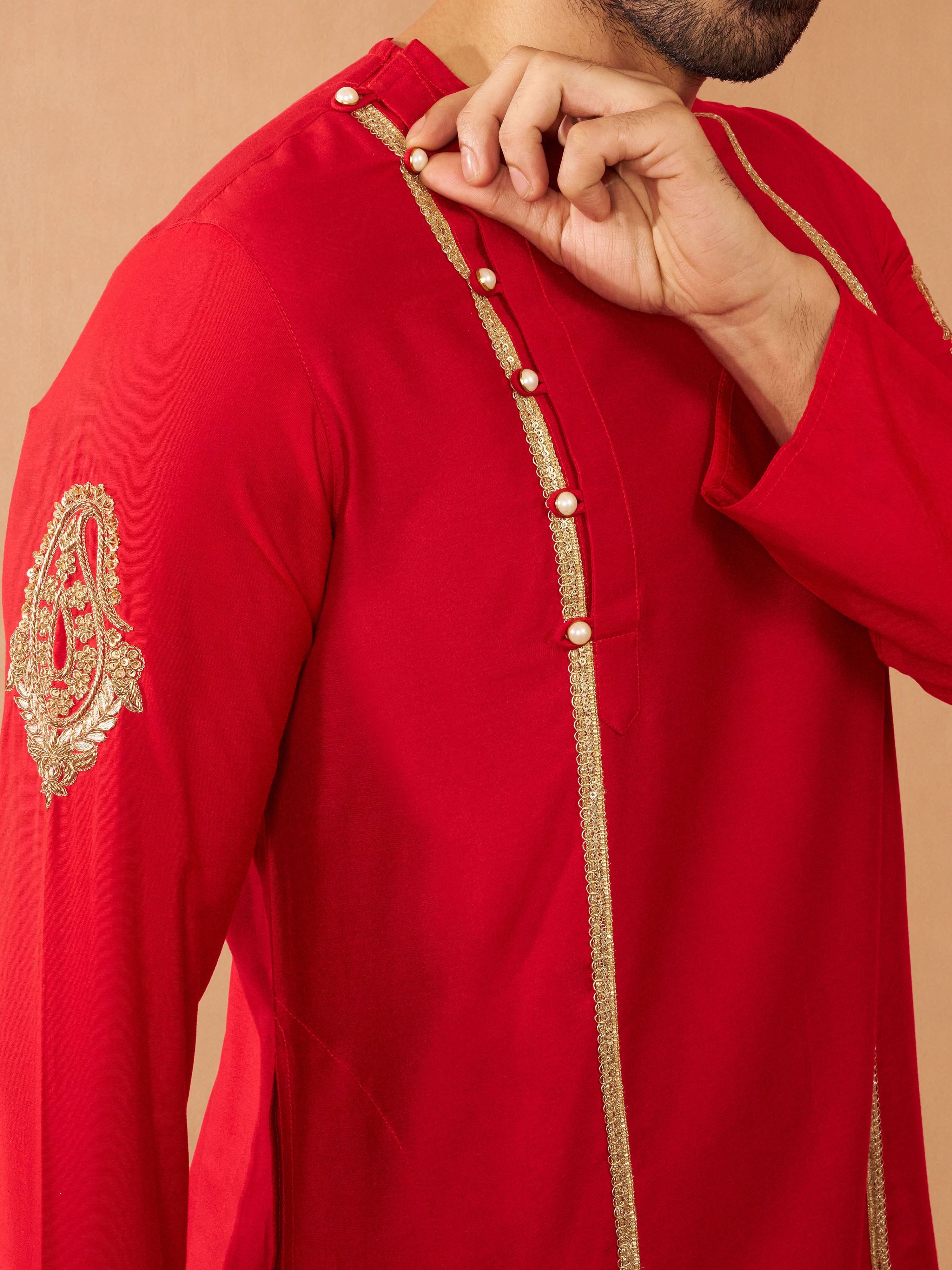 Men's Red Viscose Embroidered Knee Length Kurta with Wide leg Pant for Durga Puja