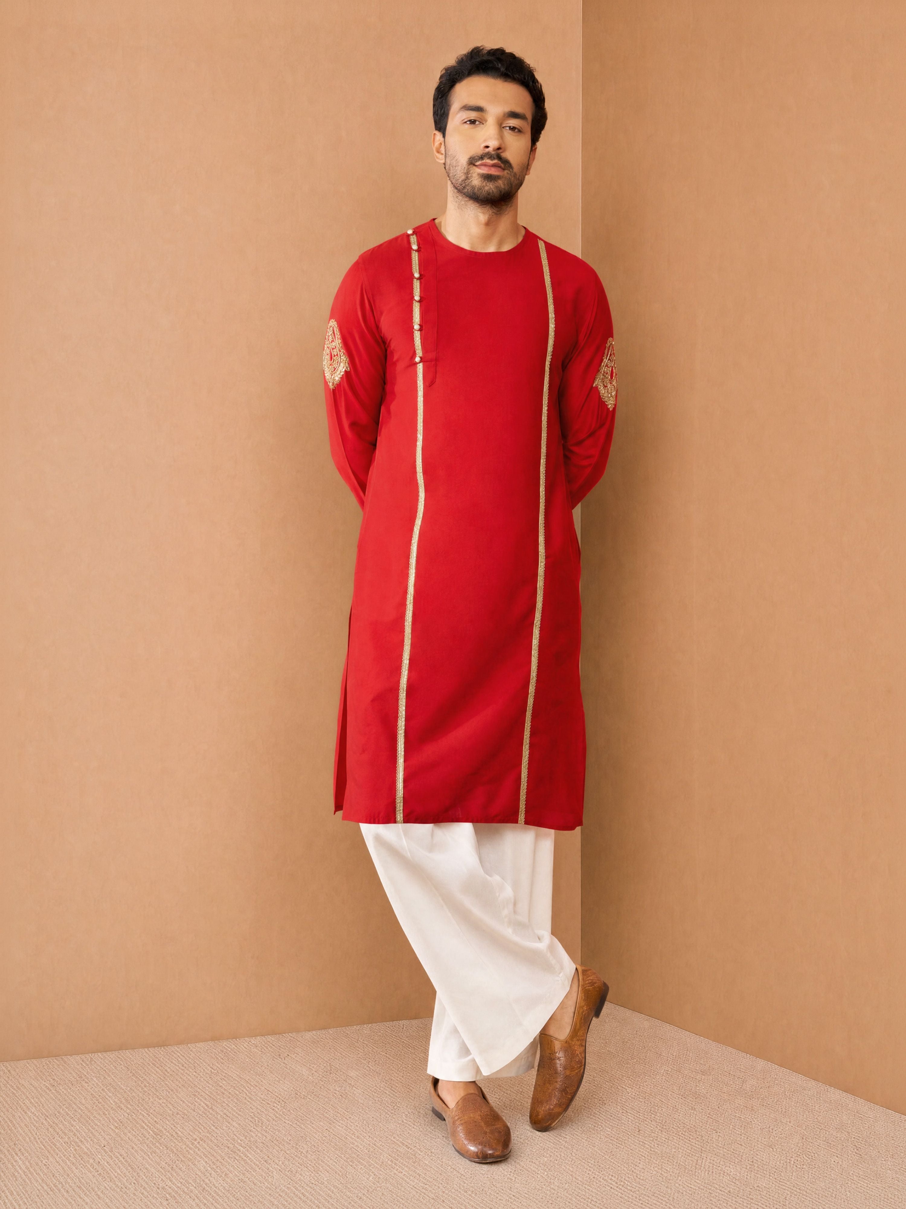 Men's Red Viscose Embroidered Knee Length Kurta with Wide leg Pant for Durga Puja