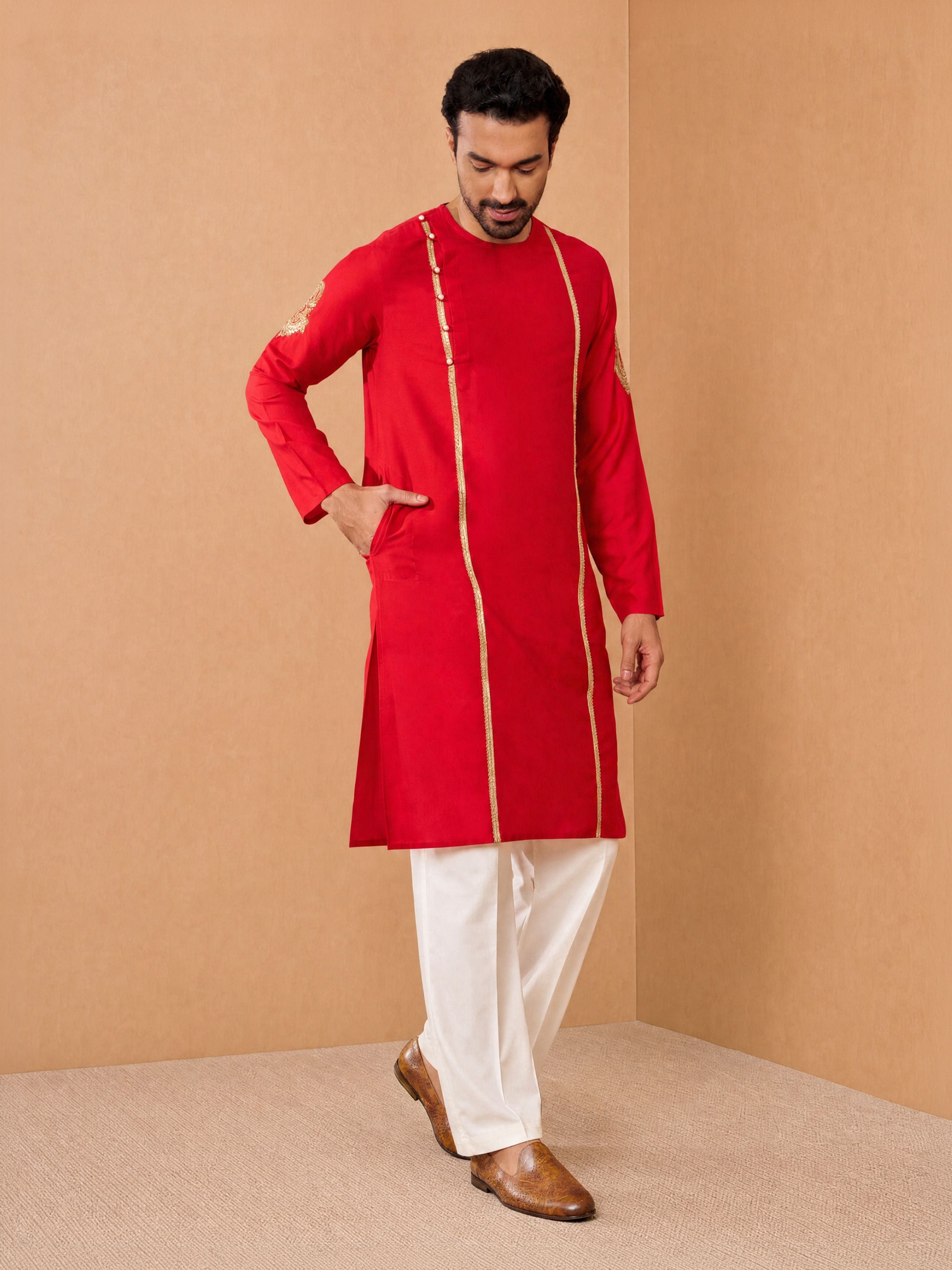Men's Red Viscose Embroidered Knee Length Kurta with Wide leg Pant for Durga Puja