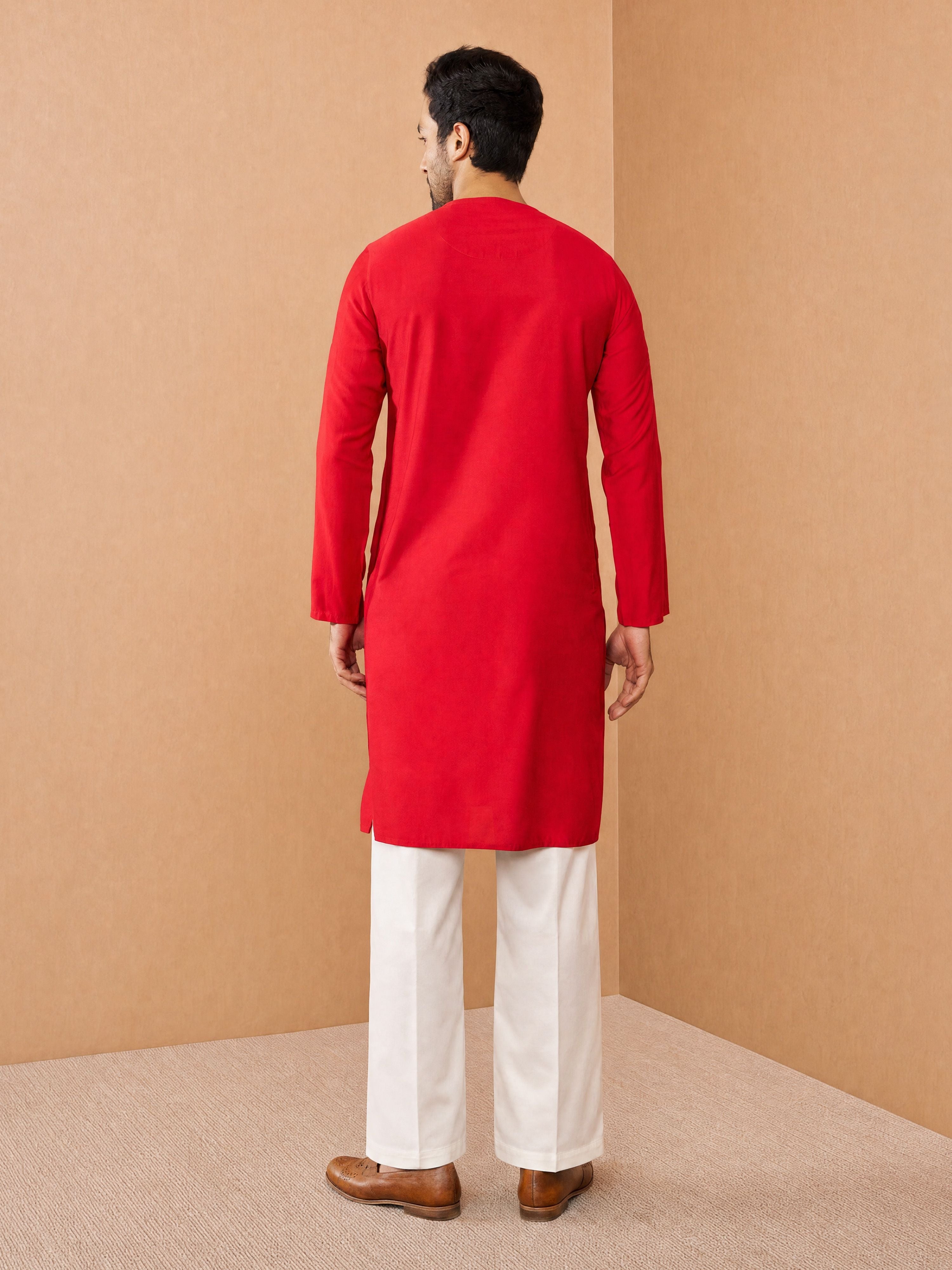 Men's Red Viscose Embroidered Knee Length Kurta with Wide leg Pant for Durga Puja