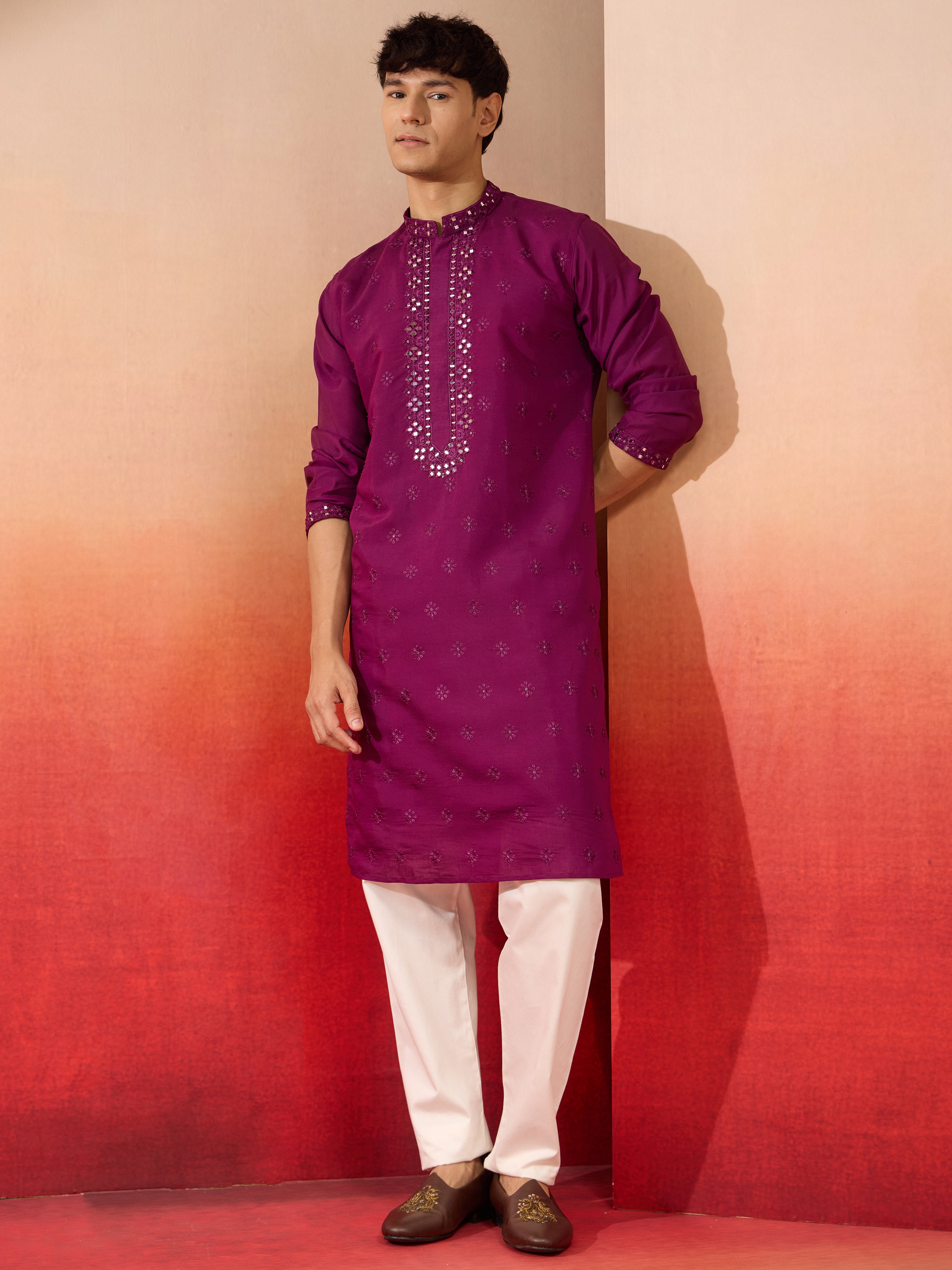 Men's Purple Silk Blend Mirror Work Kurta with Cream Pyjama