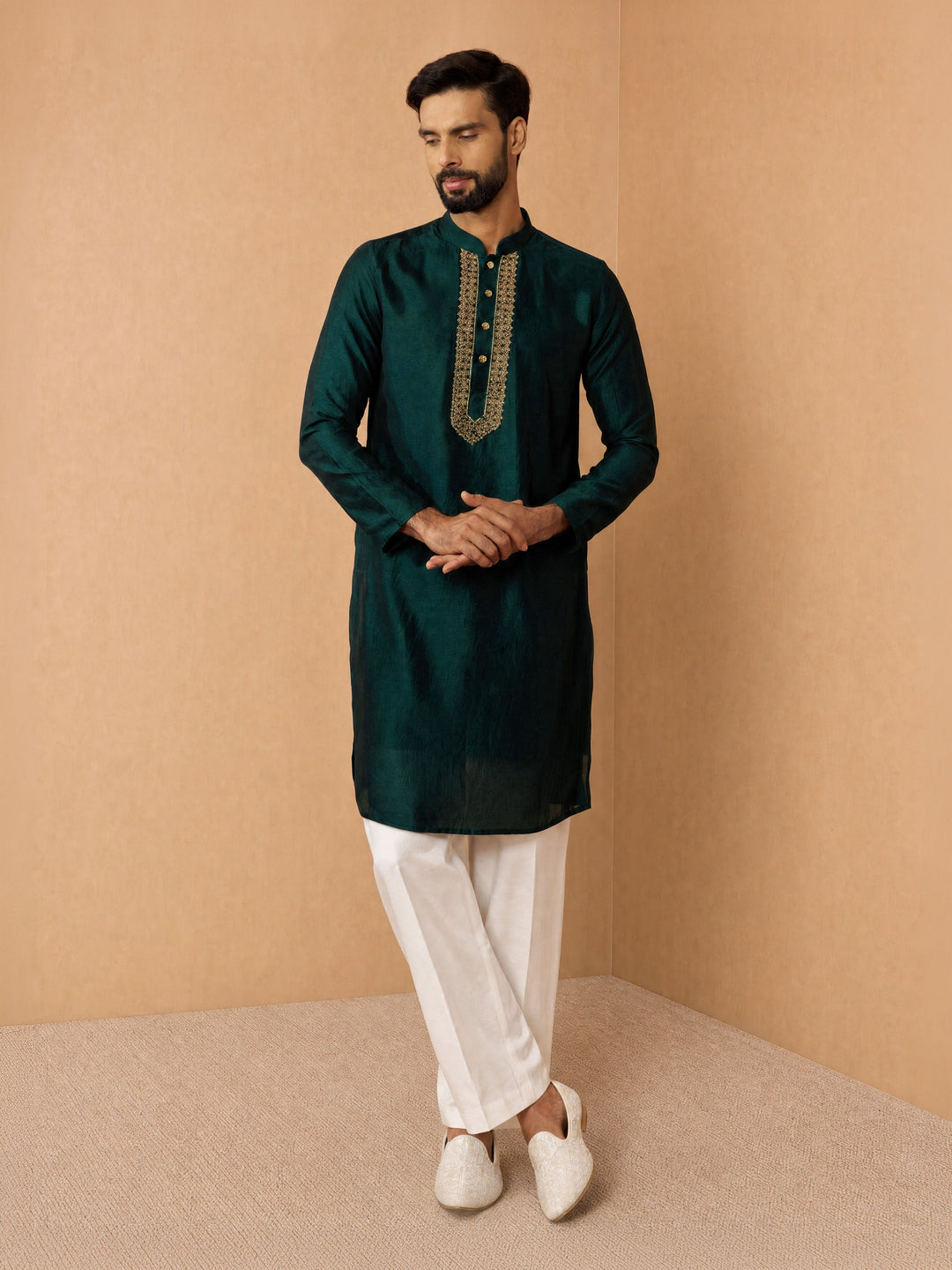 Men Dark Green Silk Blend Kurta with Wide leg Pant Festive Ethnic Wear