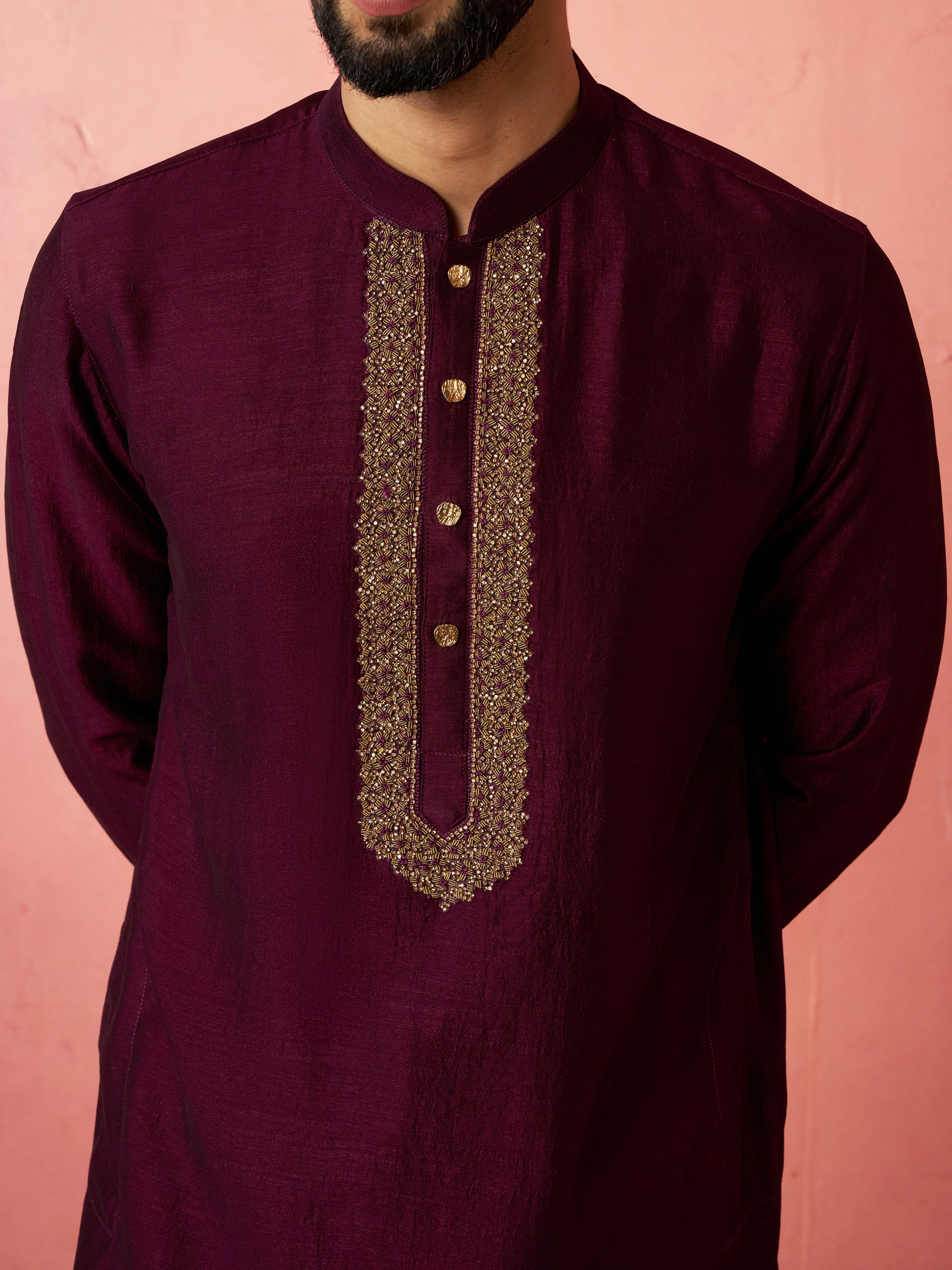 Men's's Wine Silk Kurta with Cream Pyjama - Embroidered Festive Set