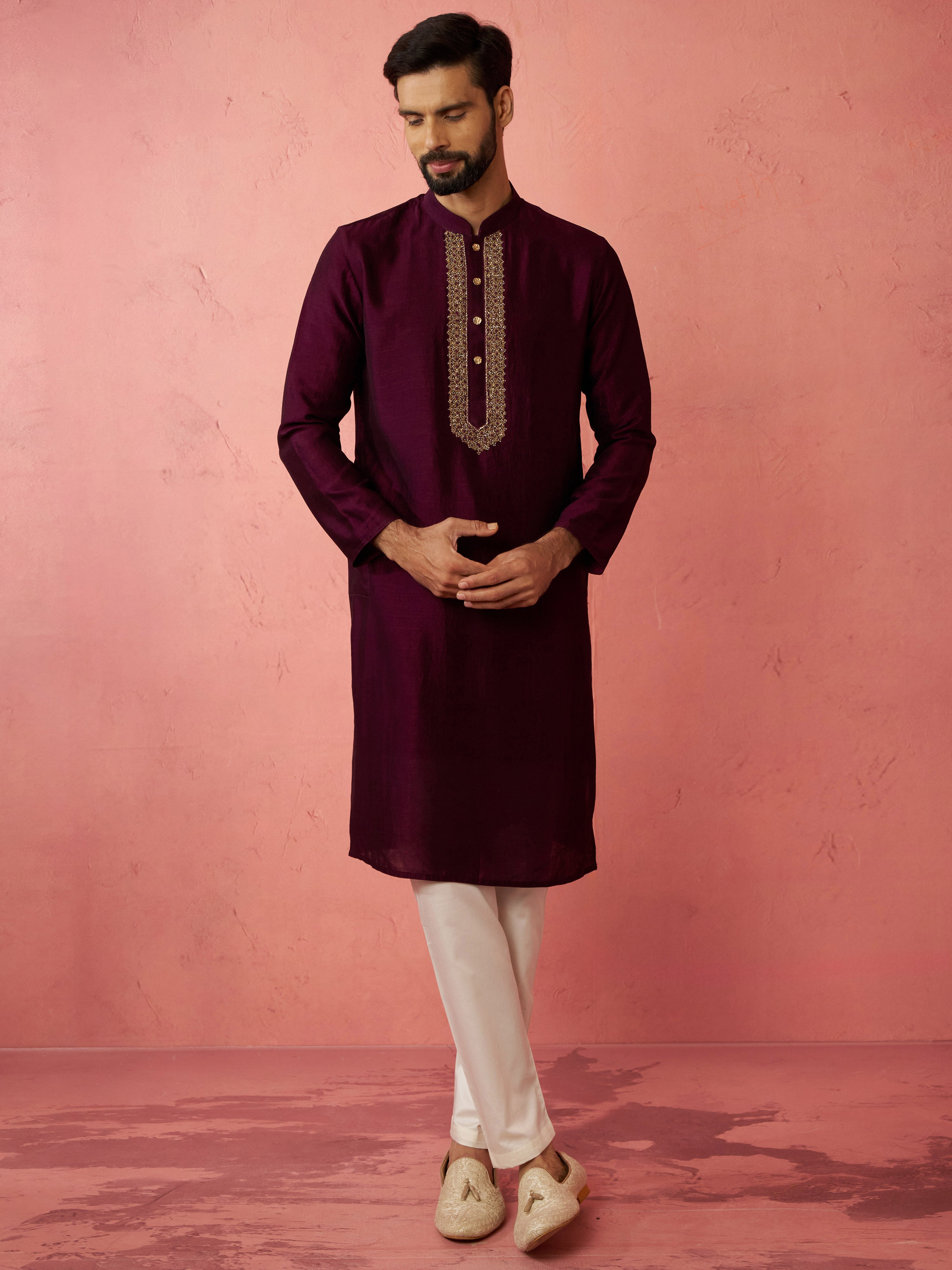 Men's's Wine Silk Kurta with Cream Pyjama - Embroidered Festive Set
