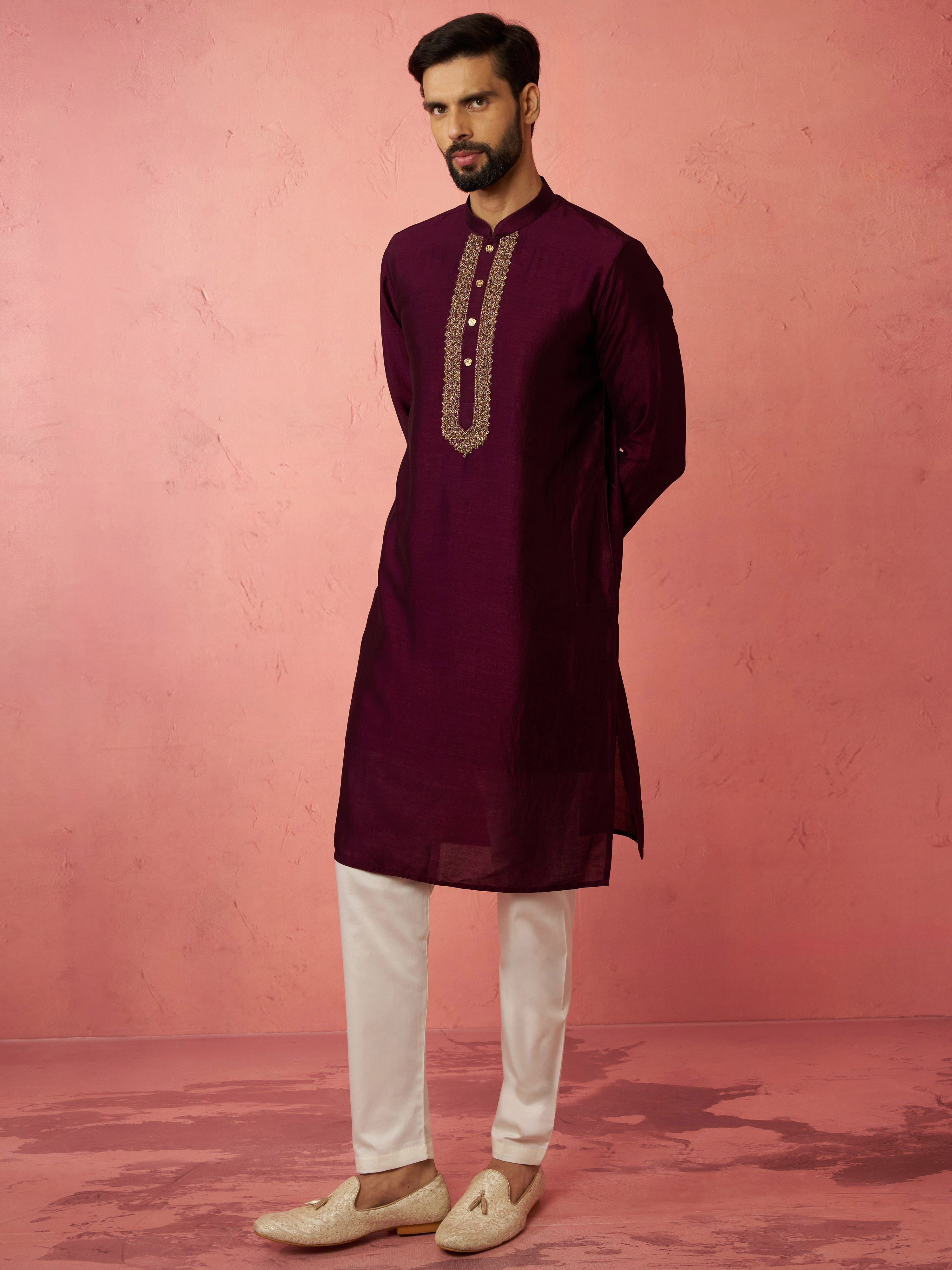 Men's's Wine Silk Kurta with Cream Pyjama - Embroidered Festive Set