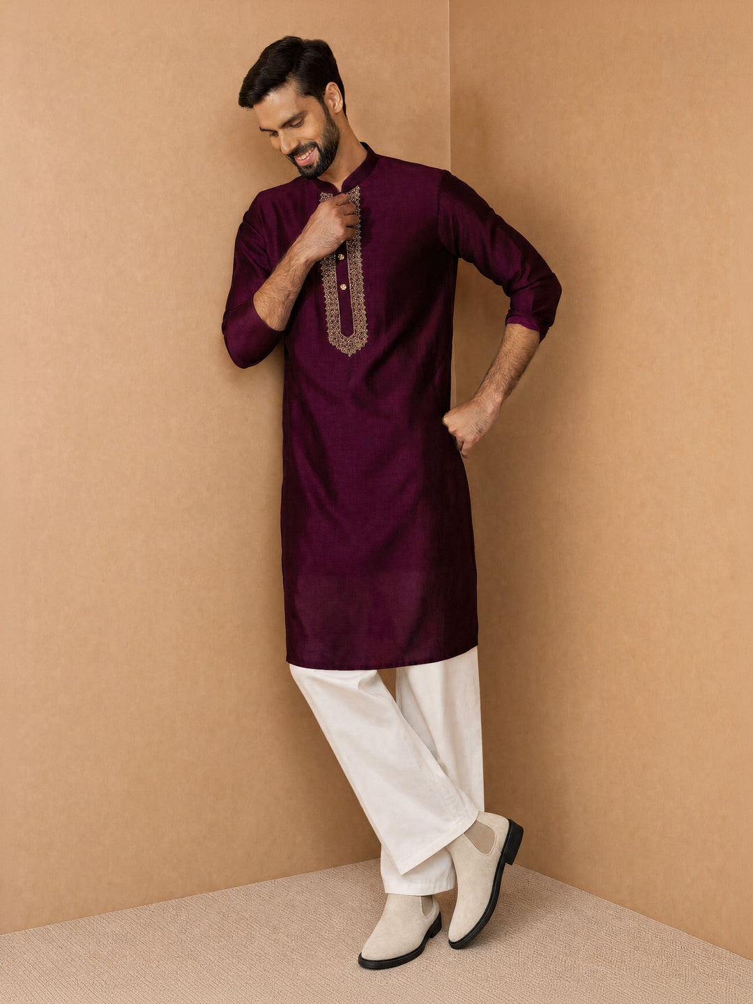 Men Wine Silk Blend Kurta with Palazzo Pant Festive, Diwali Ethnic Wear