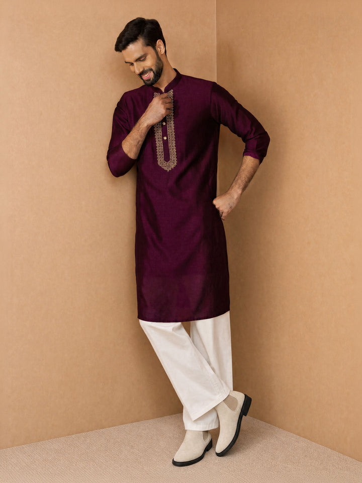 Men Wine Silk Blend Kurta with Palazzo Pant Festive, Diwali Ethnic Wear