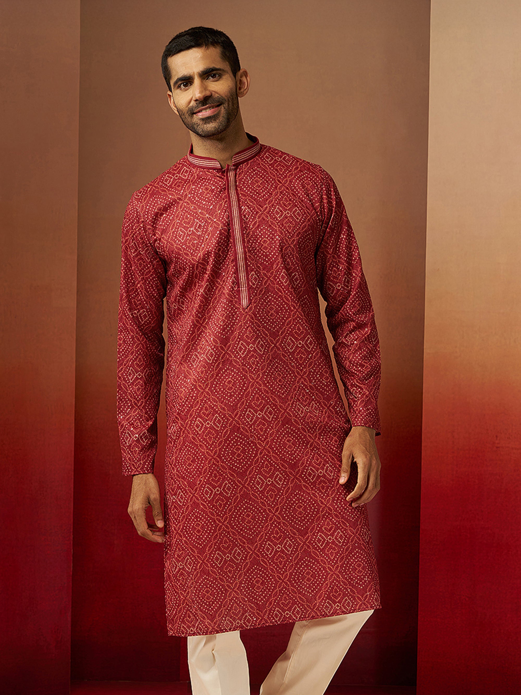 Men Rust Cotton Bandhani Embroidered Kurta