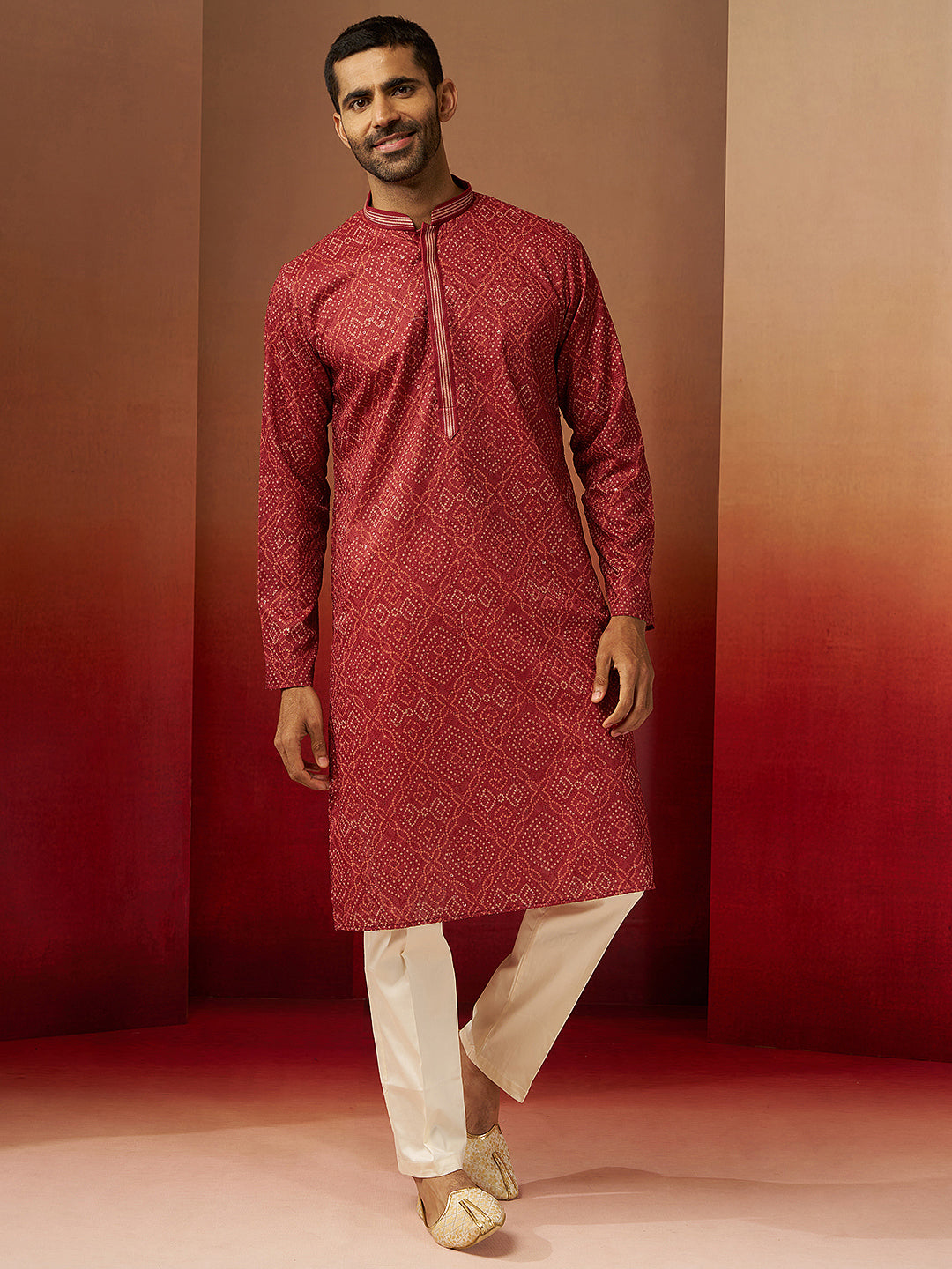 Men Rust Cotton Bandhani Embroidered Kurta