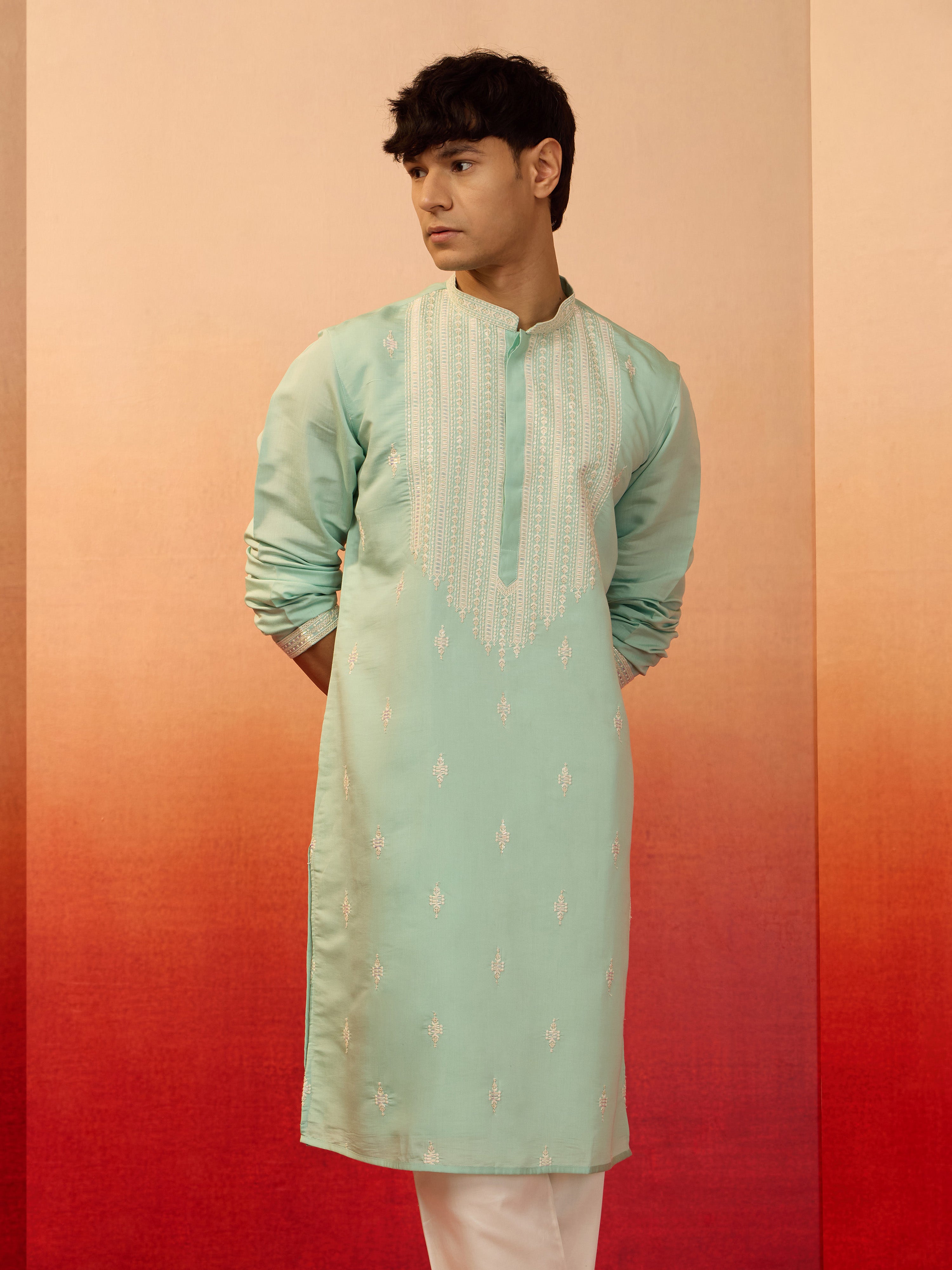 Men's Mint Green Embroidered Silk Kurta