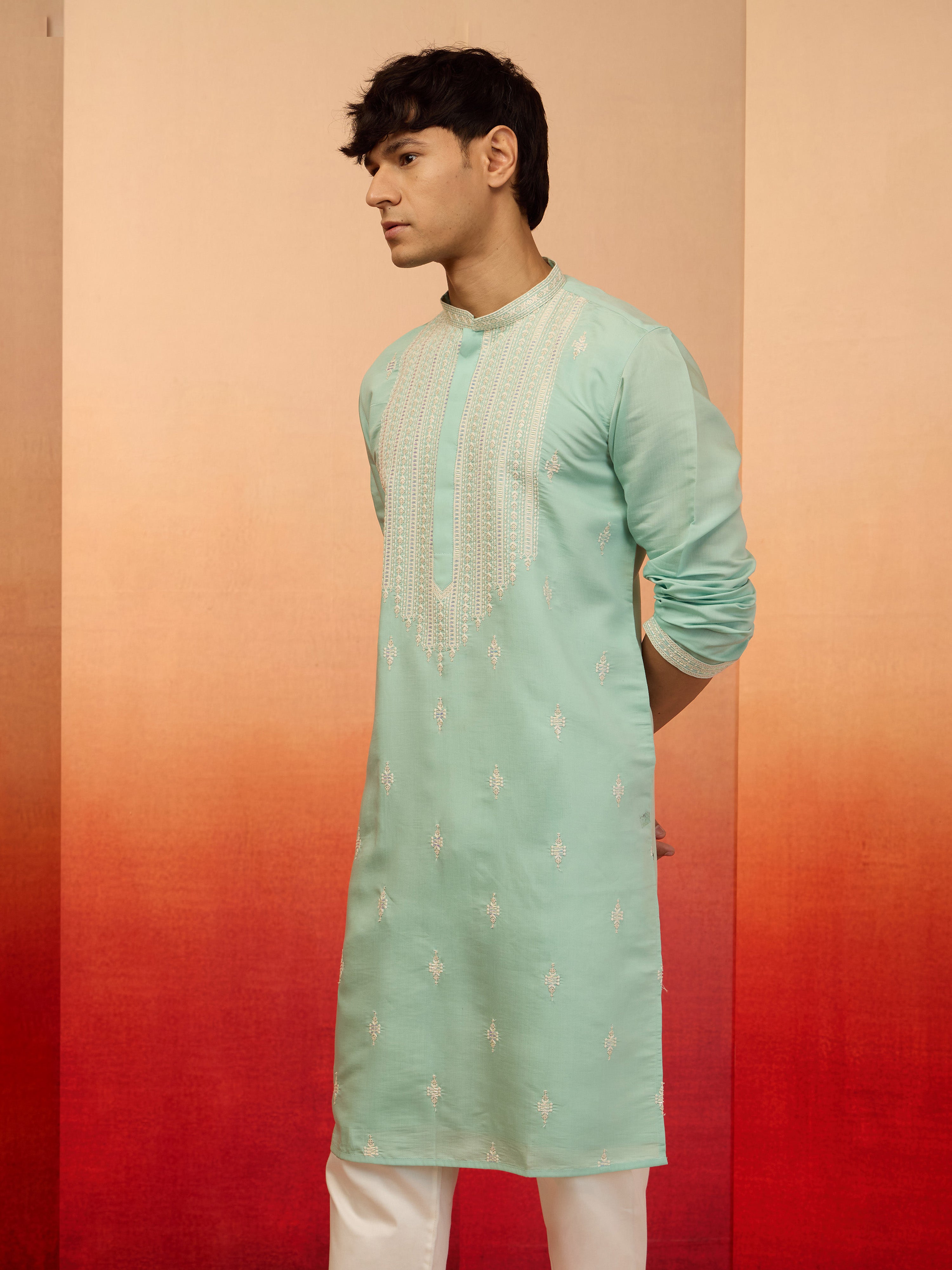 Men's Mint Green Embroidered Silk Kurta